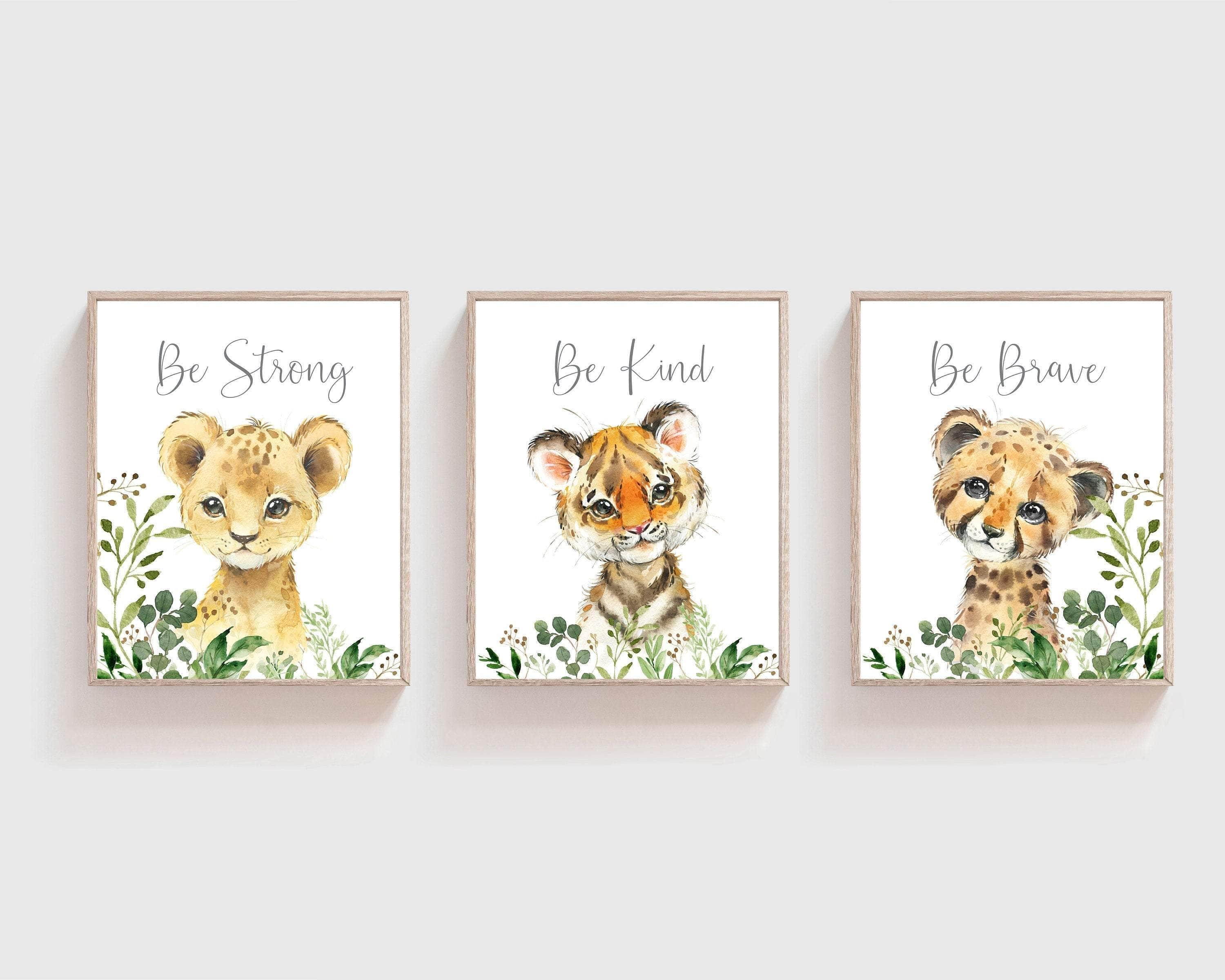 Be Strong, Be Kind, Be Brave Safari Animals | Set of 3 nursery art print baby nursery bedroom decor
