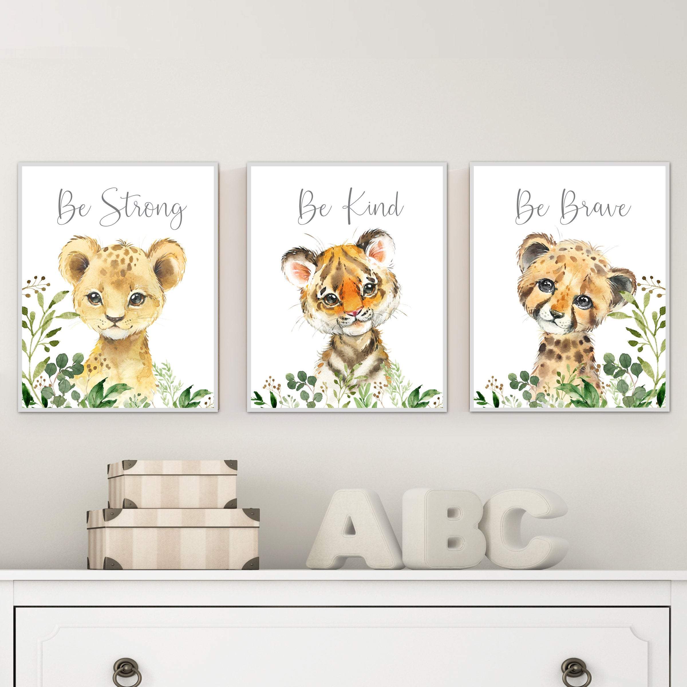 Be Strong, Be Kind, Be Brave Safari Animals | Set of 3 nursery art print baby nursery bedroom decor