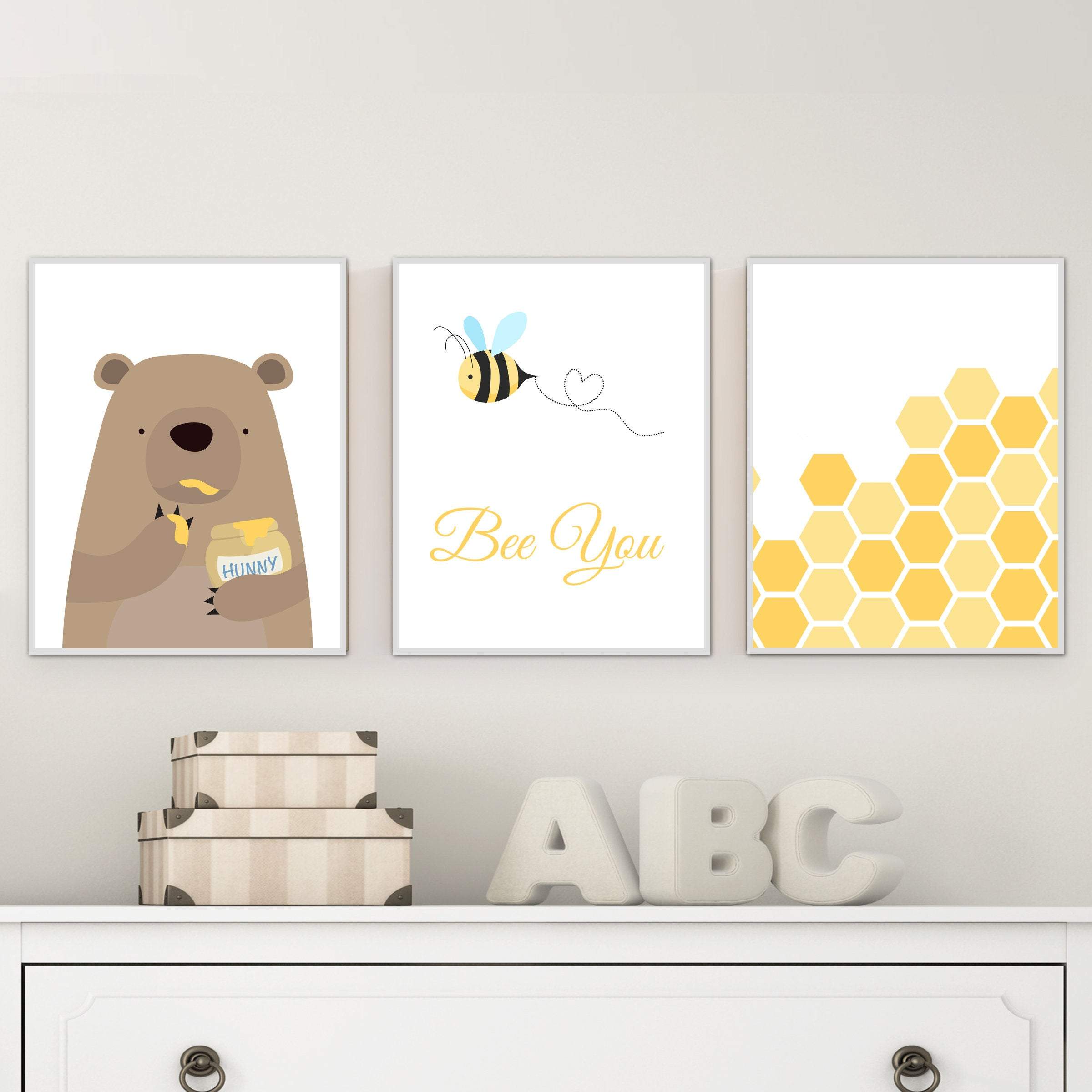Bear with Honey and a little Bee Print | Set of 3 nursery art print baby nursery bedroom decor