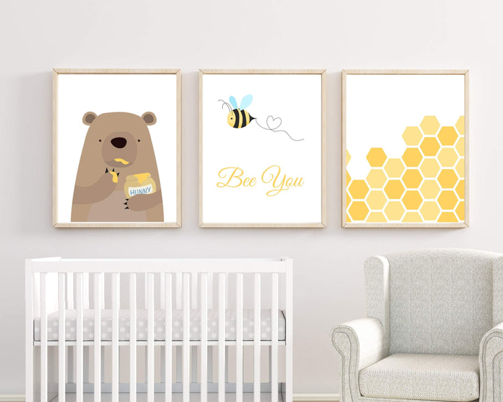 Bear with Honey and a little Bee Print | Set of 3 nursery art print baby nursery bedroom decor