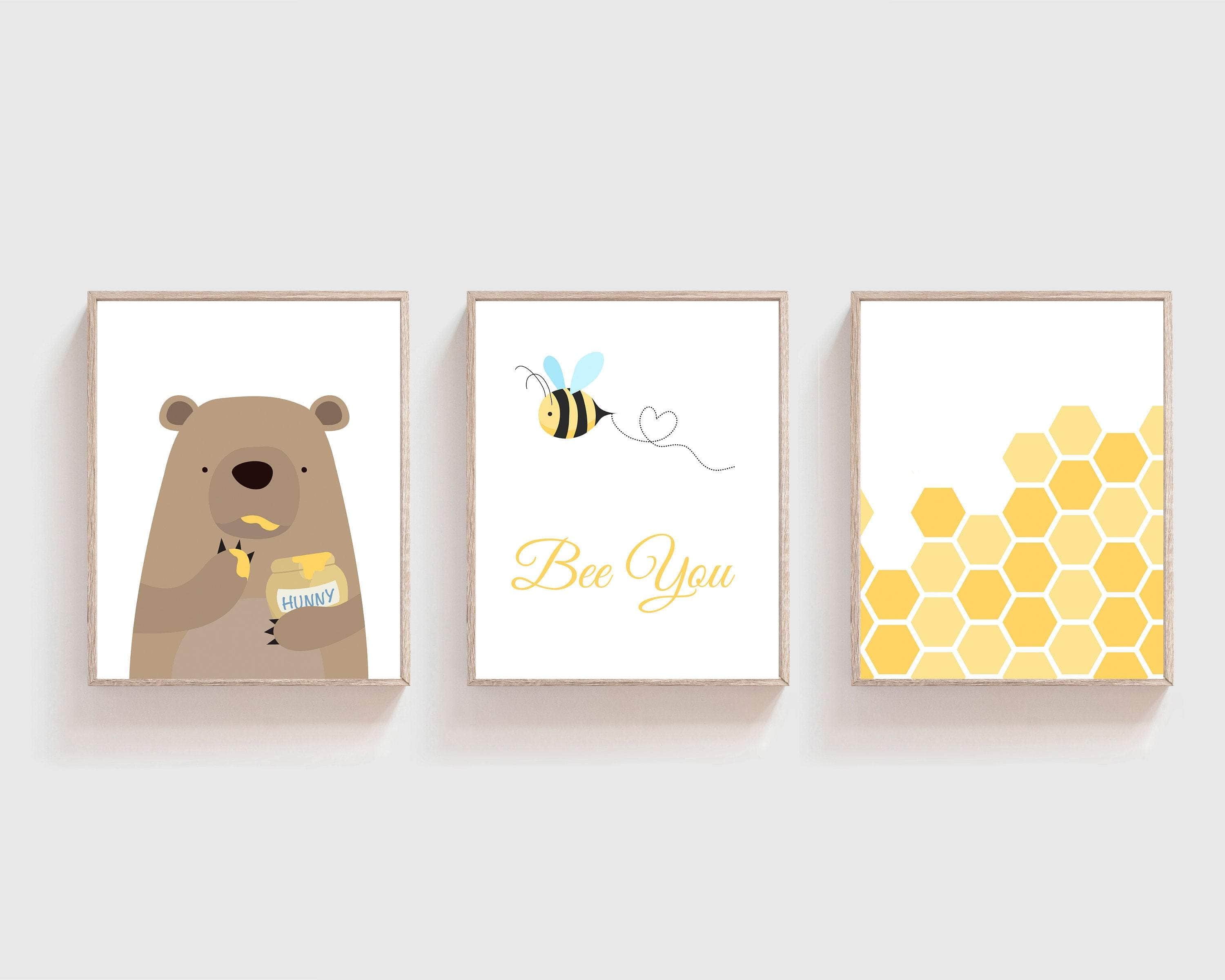 Bear with Honey and a little Bee Print | Set of 3 nursery art print baby nursery bedroom decor