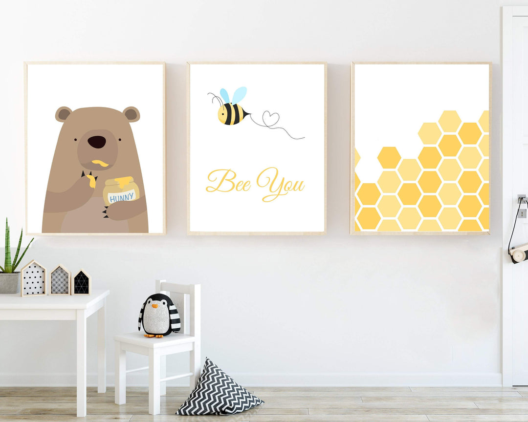 Bear with Honey and a little Bee Print | Set of 3 nursery art print baby nursery bedroom decor