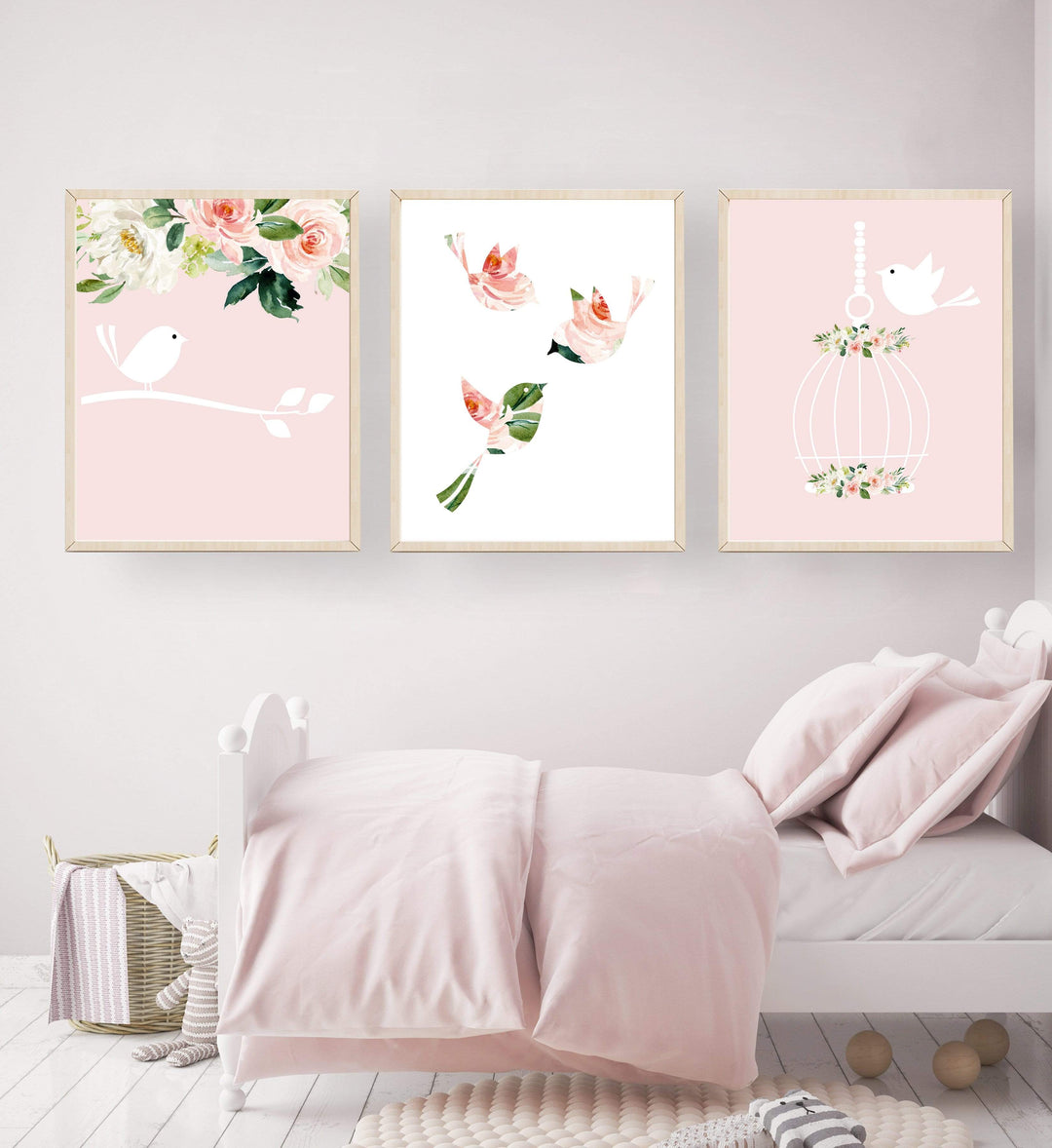 Bird nursery decor - Bird nursery print - Pink nursery decor - Baby bird nursery art - Pink blush flowers - Girls nursery decor - Bird art nursery art print baby nursery bedroom decor