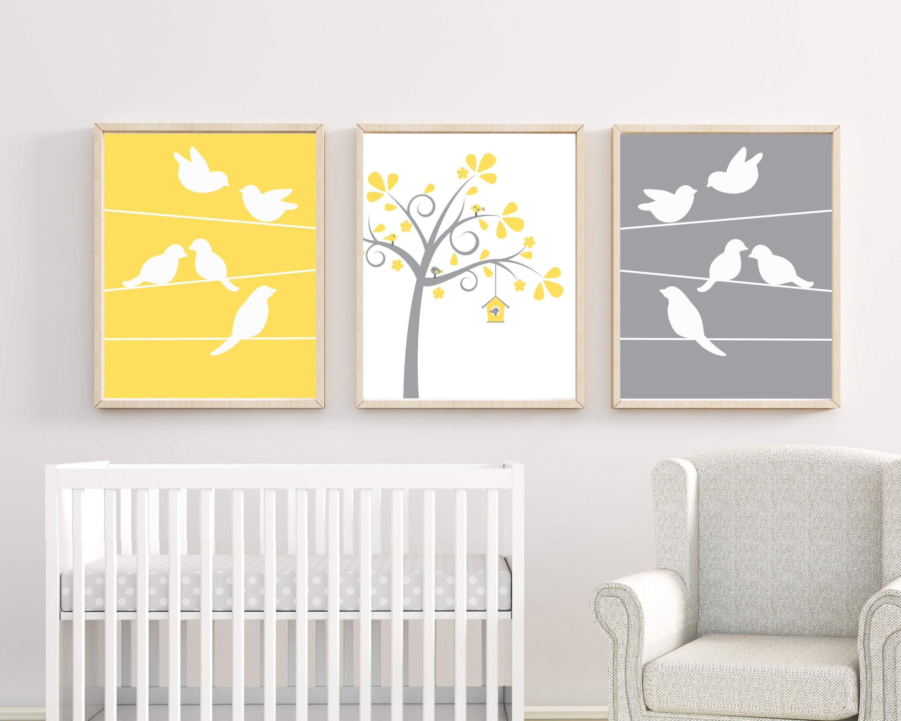 Bird Nursery Wall Art Print, Bird and Trees Wall Art Prints, Yellow Gray Nursery Prints, Baby Wall Art Print and Bedroom Decor H210 nursery art print baby nursery bedroom decor