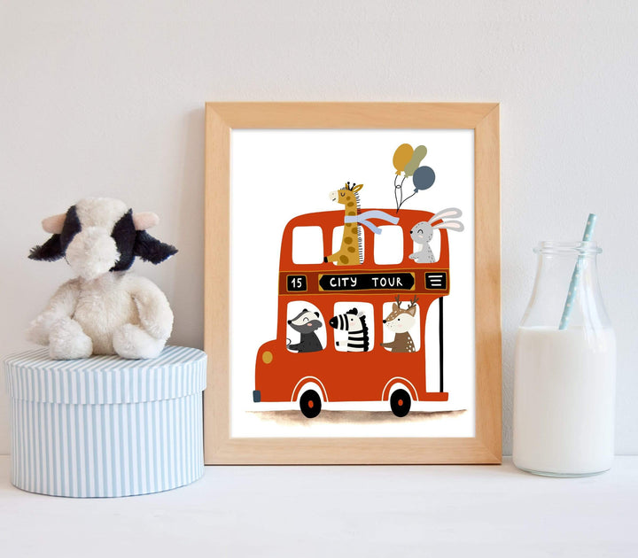 Bus wall Art | Zoo animals on a big red bus nursery art print baby nursery bedroom decor