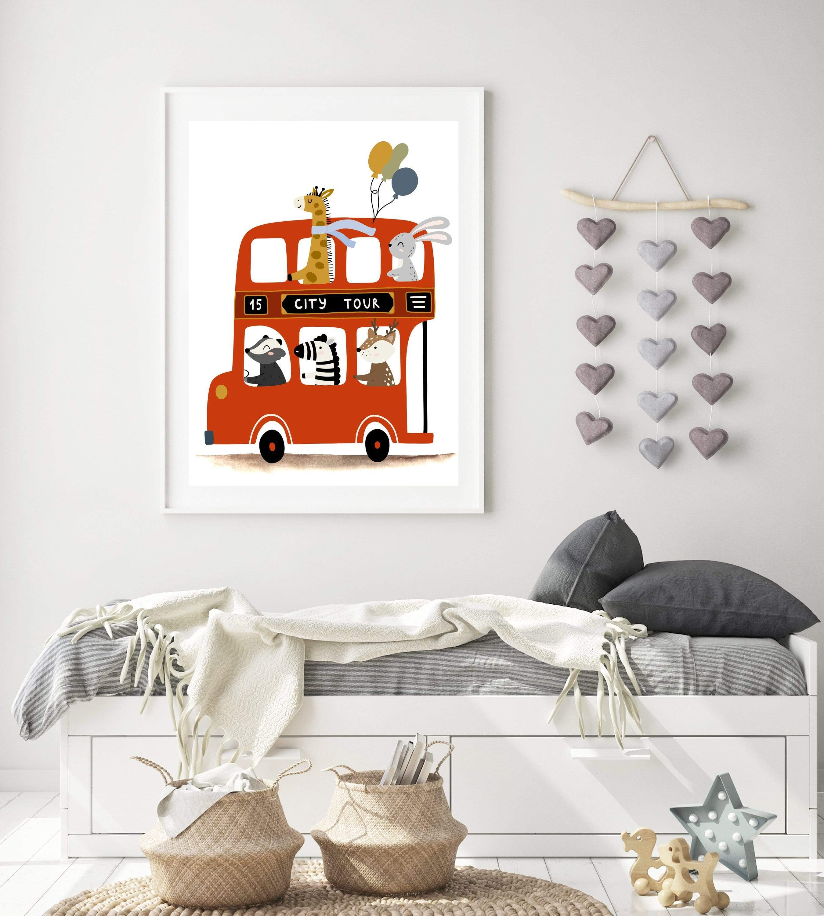 Bus wall Art | Zoo animals on a big red bus nursery art print baby nursery bedroom decor