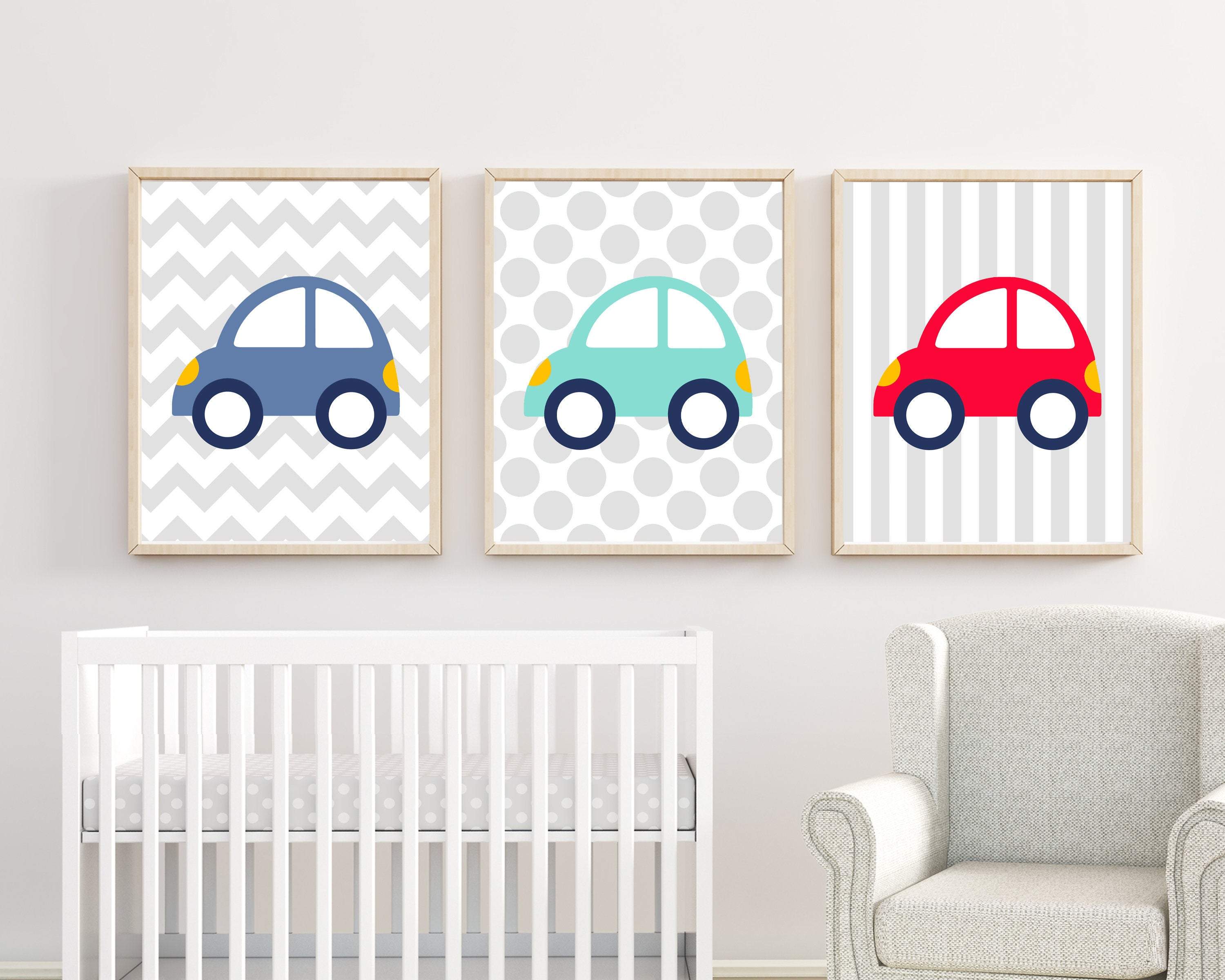 Car themed nursery decor, Blue, Green and Red Cars Baby Art Print nursery art print baby nursery bedroom decor