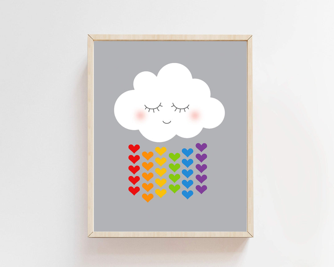 Cloud art print - Cloud and raindrops - Cloud with face - Smiling Cloud - Cloud wall art - Rain cloud art - Cloud hearts print -  H1610 nursery art print baby nursery bedroom decor