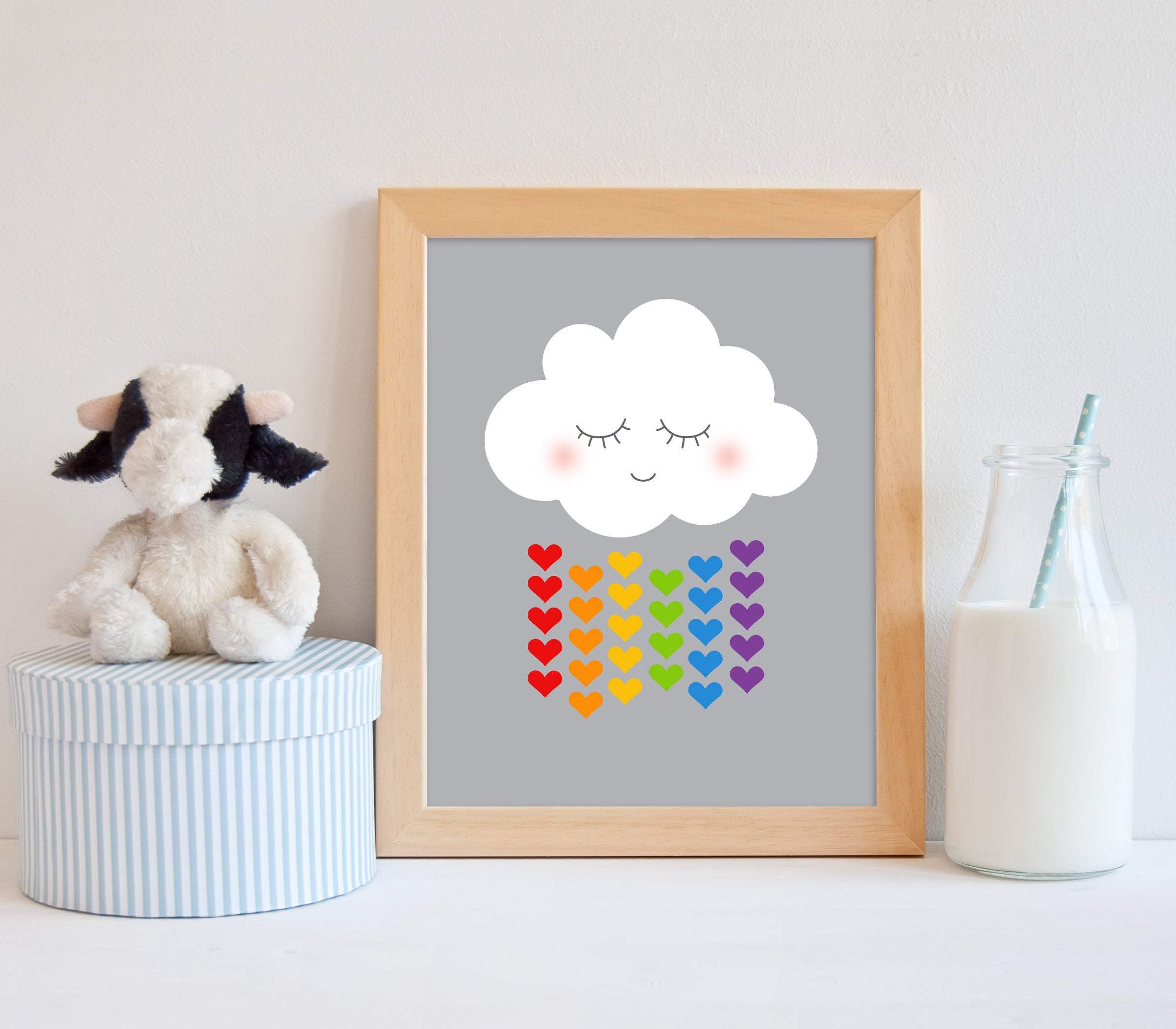 Cloud art print - Cloud and raindrops - Cloud with face - Smiling Cloud - Cloud wall art - Rain cloud art - Cloud hearts print -  H1610 nursery art print baby nursery bedroom decor