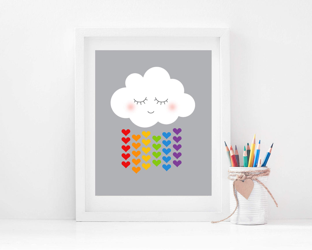 Cloud art print - Cloud and raindrops - Cloud with face - Smiling Cloud - Cloud wall art - Rain cloud art - Cloud hearts print -  H1610 nursery art print baby nursery bedroom decor