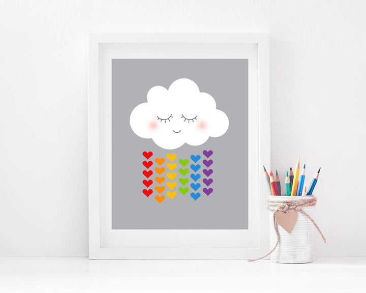 Cloud art print - Cloud and raindrops - Cloud with face - Smiling Cloud - Cloud wall art - Rain cloud art - Cloud hearts print -  H1610 nursery art print baby nursery bedroom decor