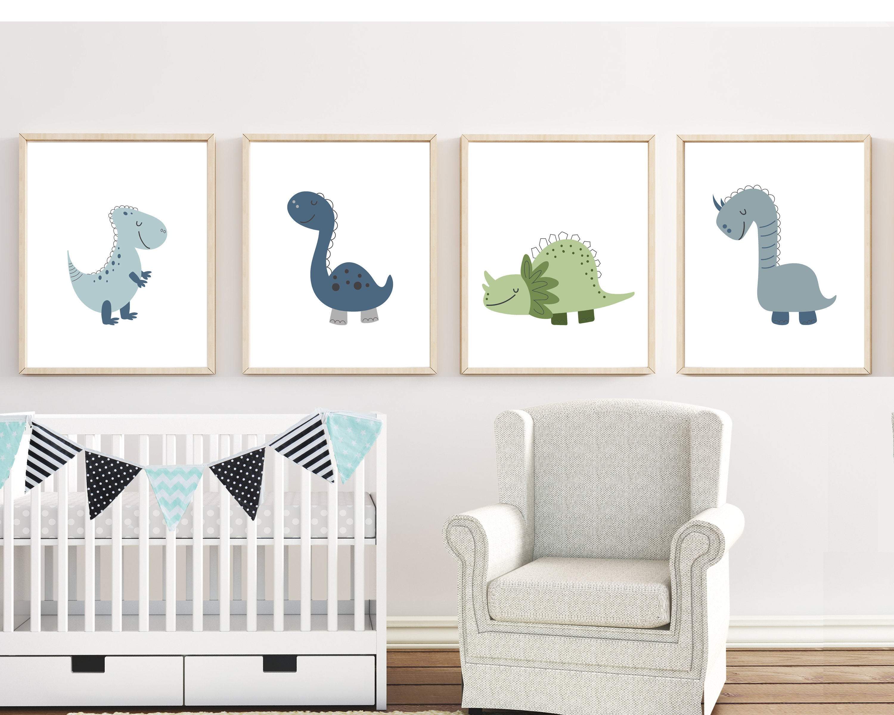 Dinosaur art printables, dinosaur decor, green and blue, dinosaur nursery art, Set of 4 prints- Printable dinosaur wall art -  H1515 nursery art print baby nursery bedroom decor