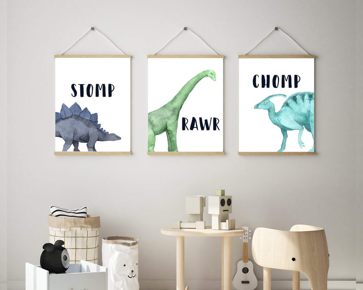 Dinosaur Nursery wall art - Set of 3 - Dinosaur prints - Boys bedroom art - Dinosaur nursery printable - Boys bedroom decor - Stomp Chomp nursery art print baby nursery bedroom decor
