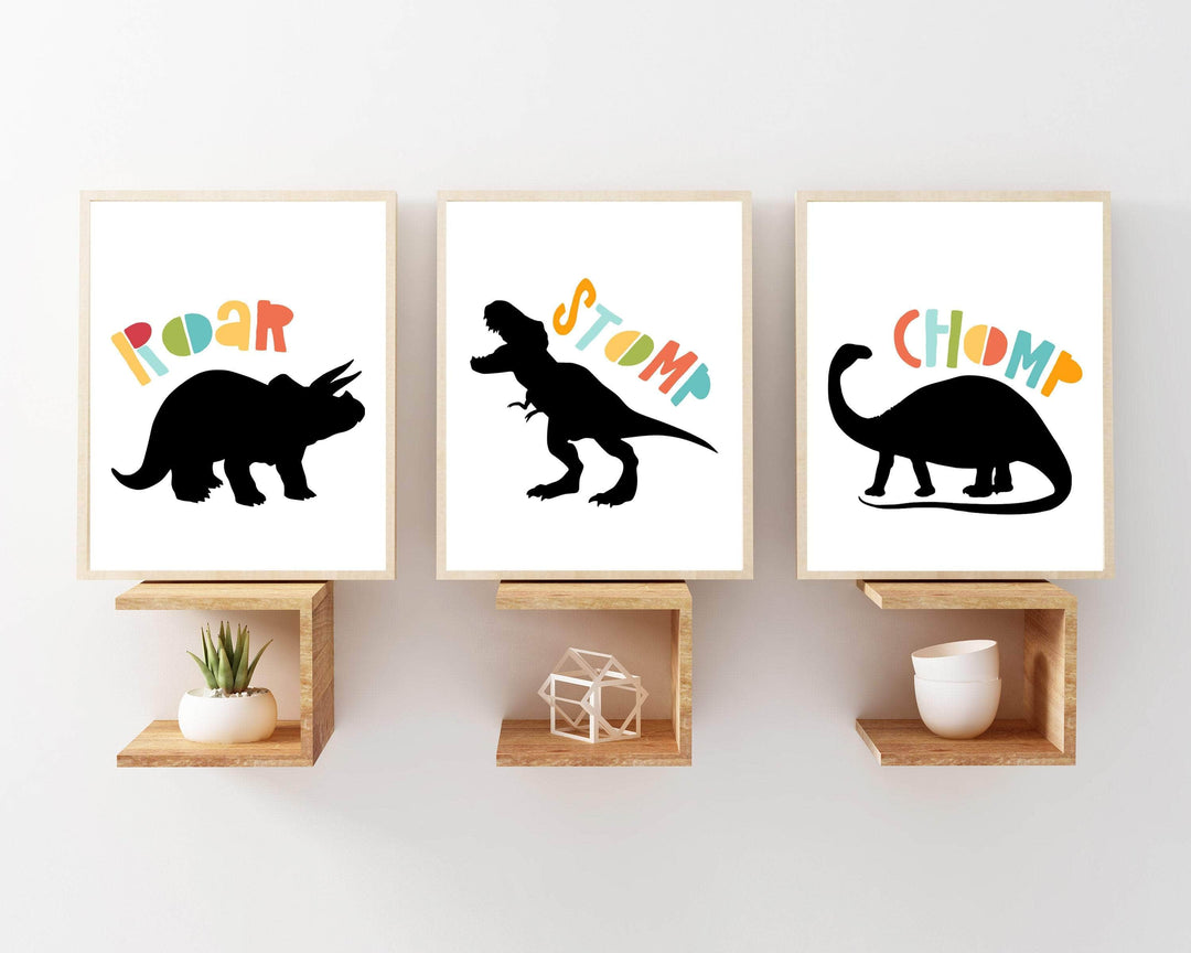 Dinosaur Wall Art,  Roar, Stomp, Chomp.  Dinosaur Room Decor, Kids Room Prints Nursery Wall art Boys, Black And White Nursery Decor - H1206 nursery art print baby nursery bedroom decor