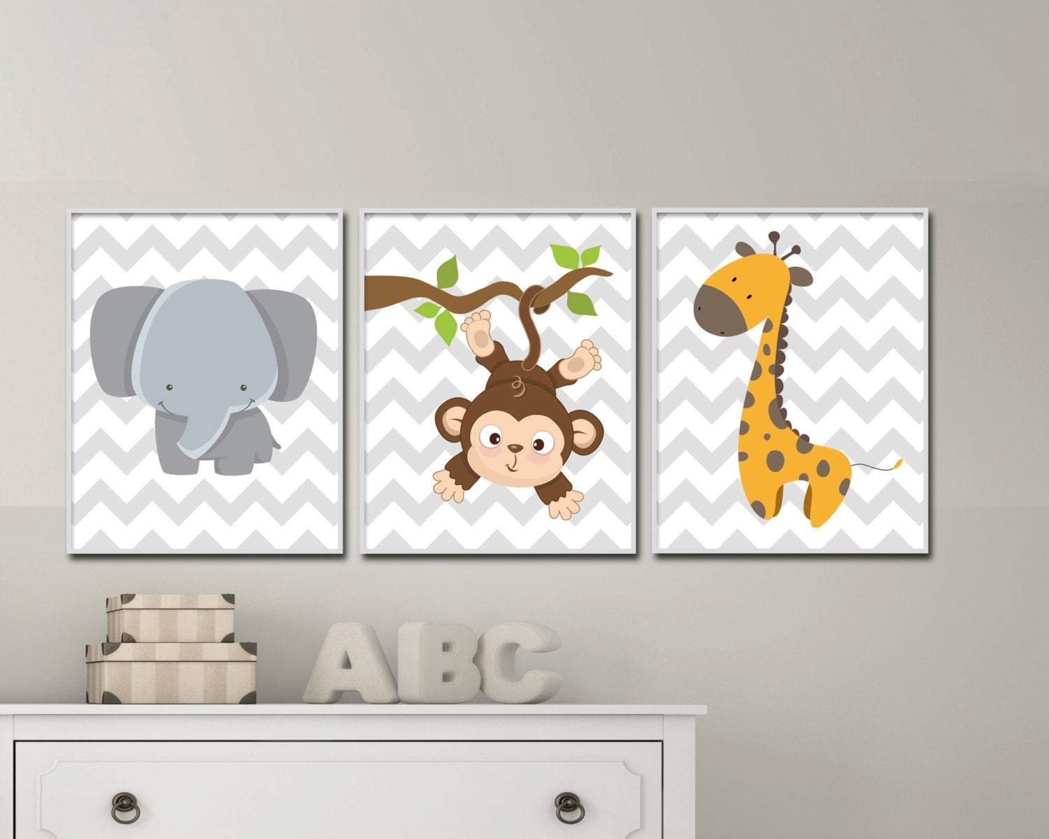 Elephant, Giraffe and Monkey Nursery Wall Art Prints, Nursery Prints, Baby Boy Nursery Wall Art Print Bedroom Decor - H174 nursery art print baby nursery bedroom decor