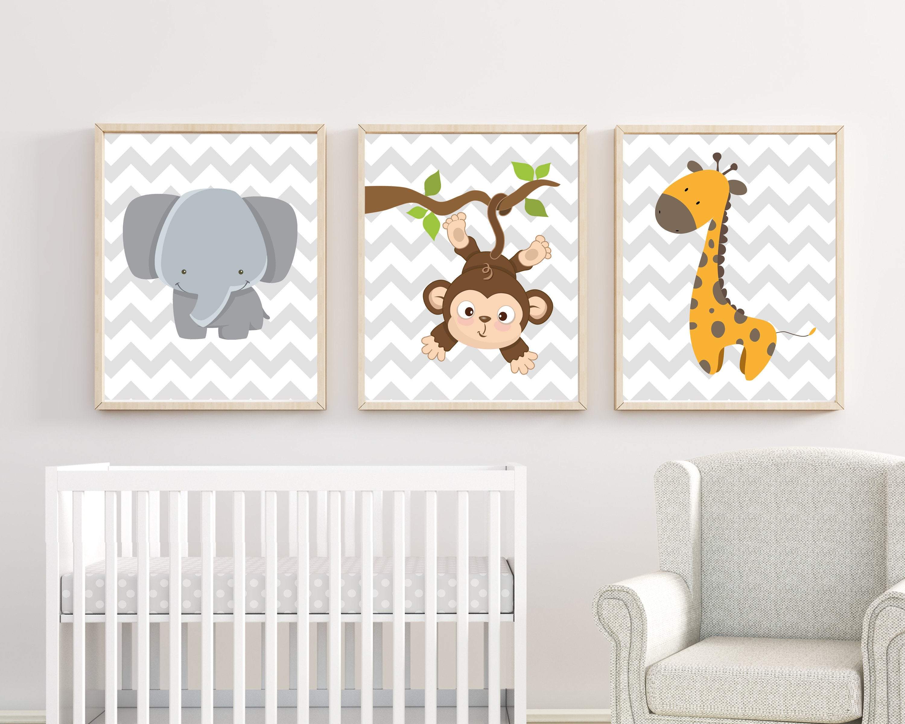 Elephant, Giraffe and Monkey Nursery Wall Art Prints, Nursery Prints, Baby Boy Nursery Wall Art Print Bedroom Decor - H174 nursery art print baby nursery bedroom decor