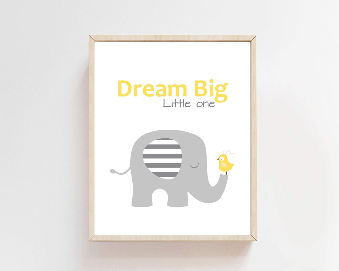 Elephant nursery print - Printable Elephant art print - Baby animal wall decor - Yellow nursery decor - Dream big little one printable nursery art print baby nursery bedroom decor