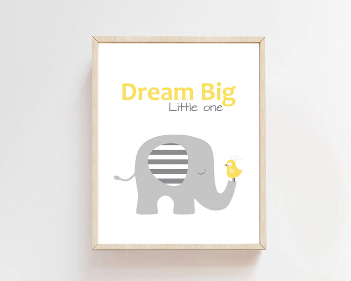Elephant nursery print - Printable Elephant art print - Baby animal wall decor - Yellow nursery decor - Dream big little one printable nursery art print baby nursery bedroom decor