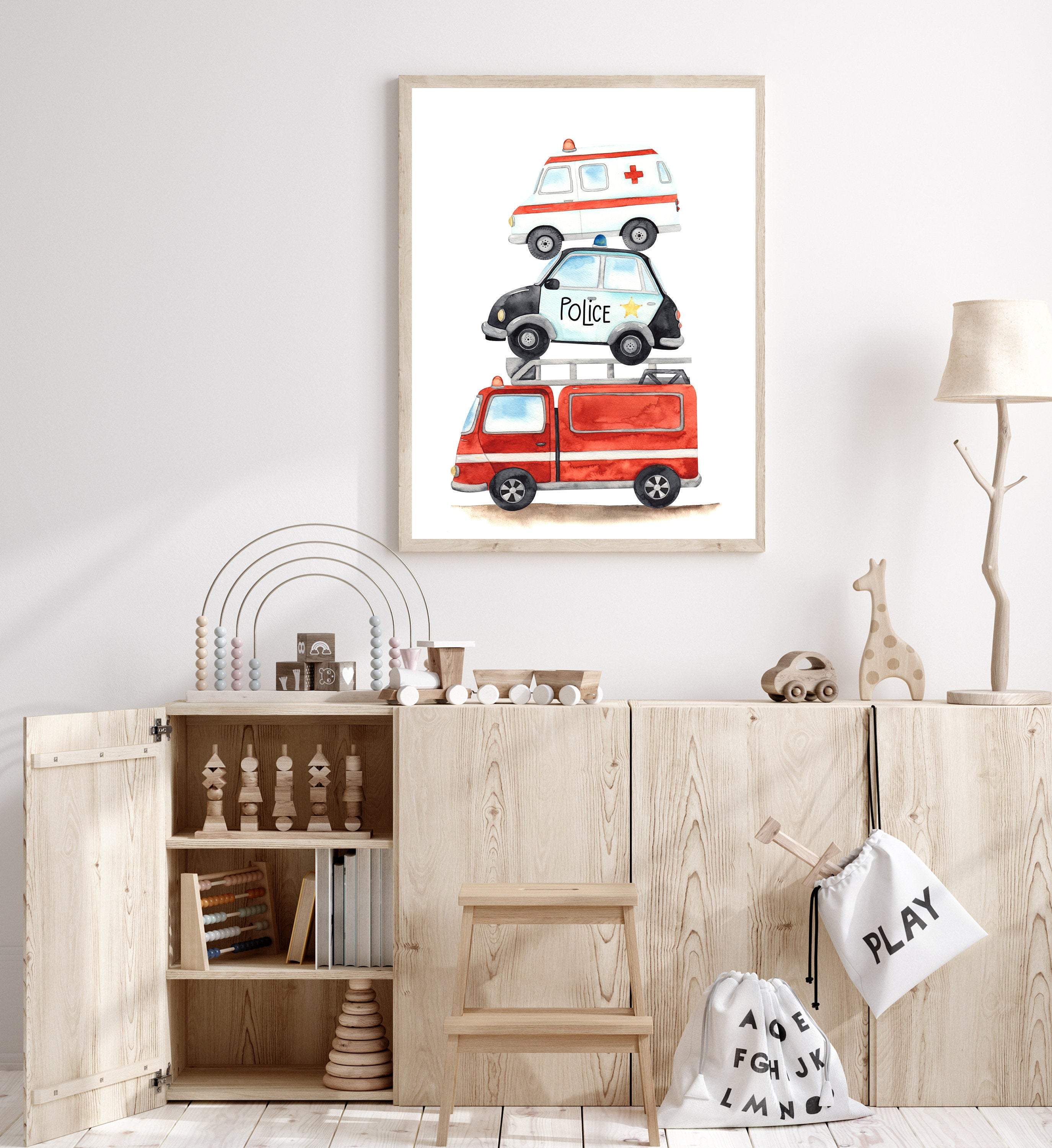 Emergency vehicles print - Boys room prints - Fire Engine decor - Ambulance poster - Police car wall art - Boy Toddler wall art - H2418 nursery art print baby nursery bedroom decor