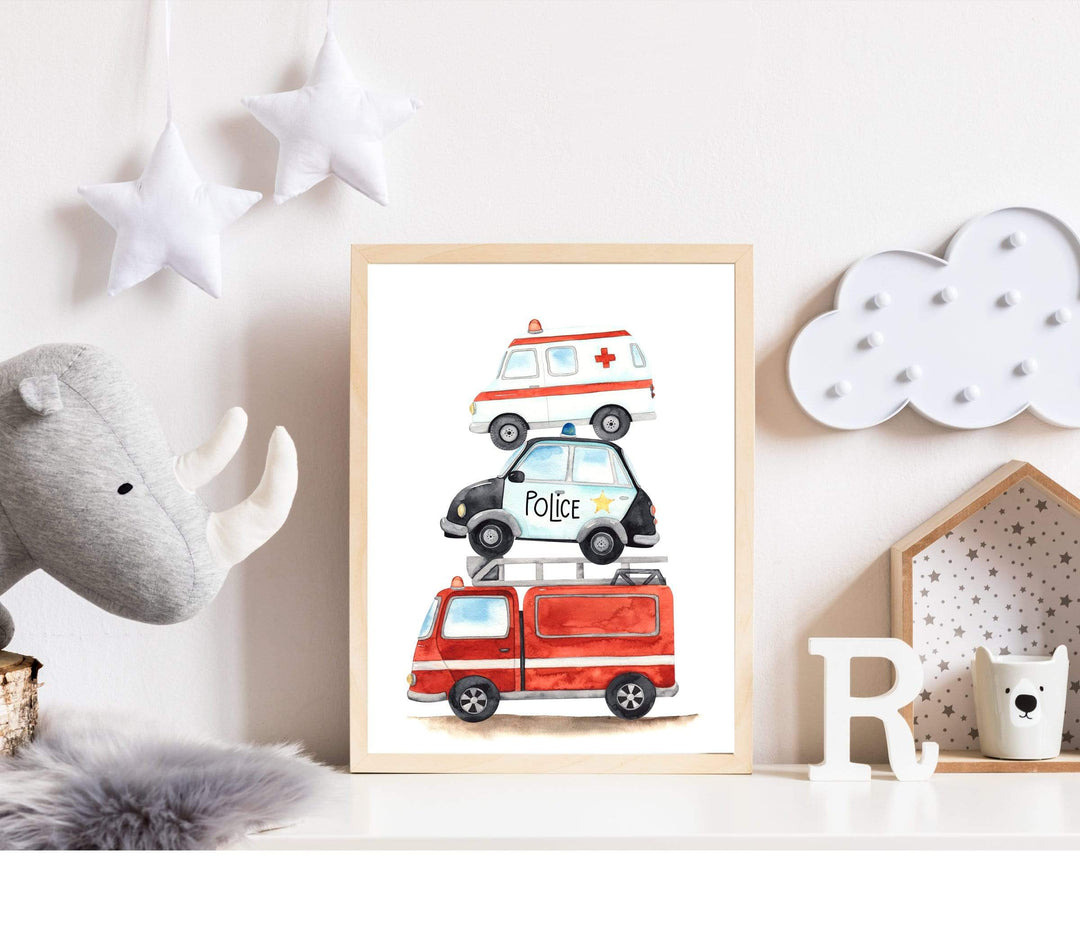 Emergency vehicles print - Boys room prints - Fire Engine decor - Ambulance poster - Police car wall art - Boy Toddler wall art - H2418 nursery art print baby nursery bedroom decor