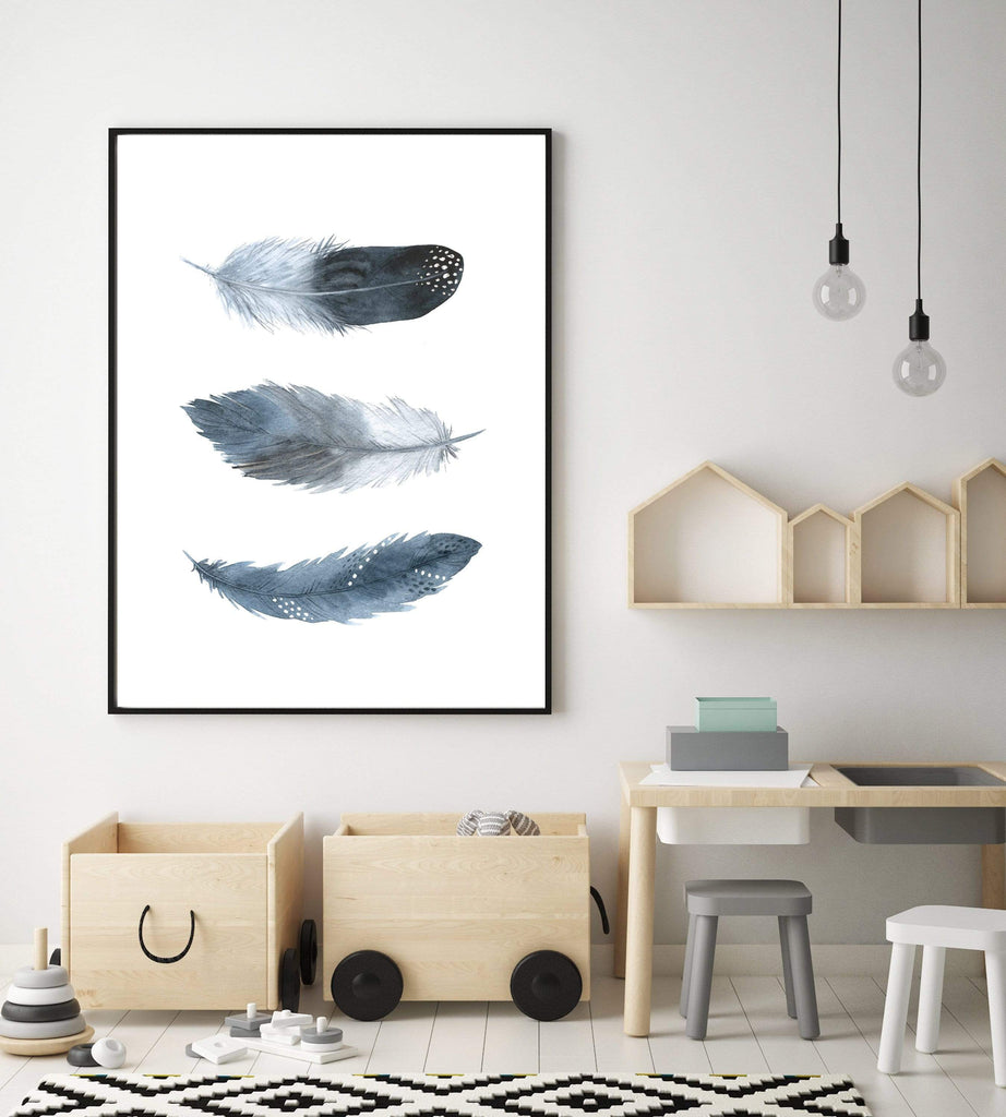 Tribal nursery art prints Blue feather wall art Nursery tribal art