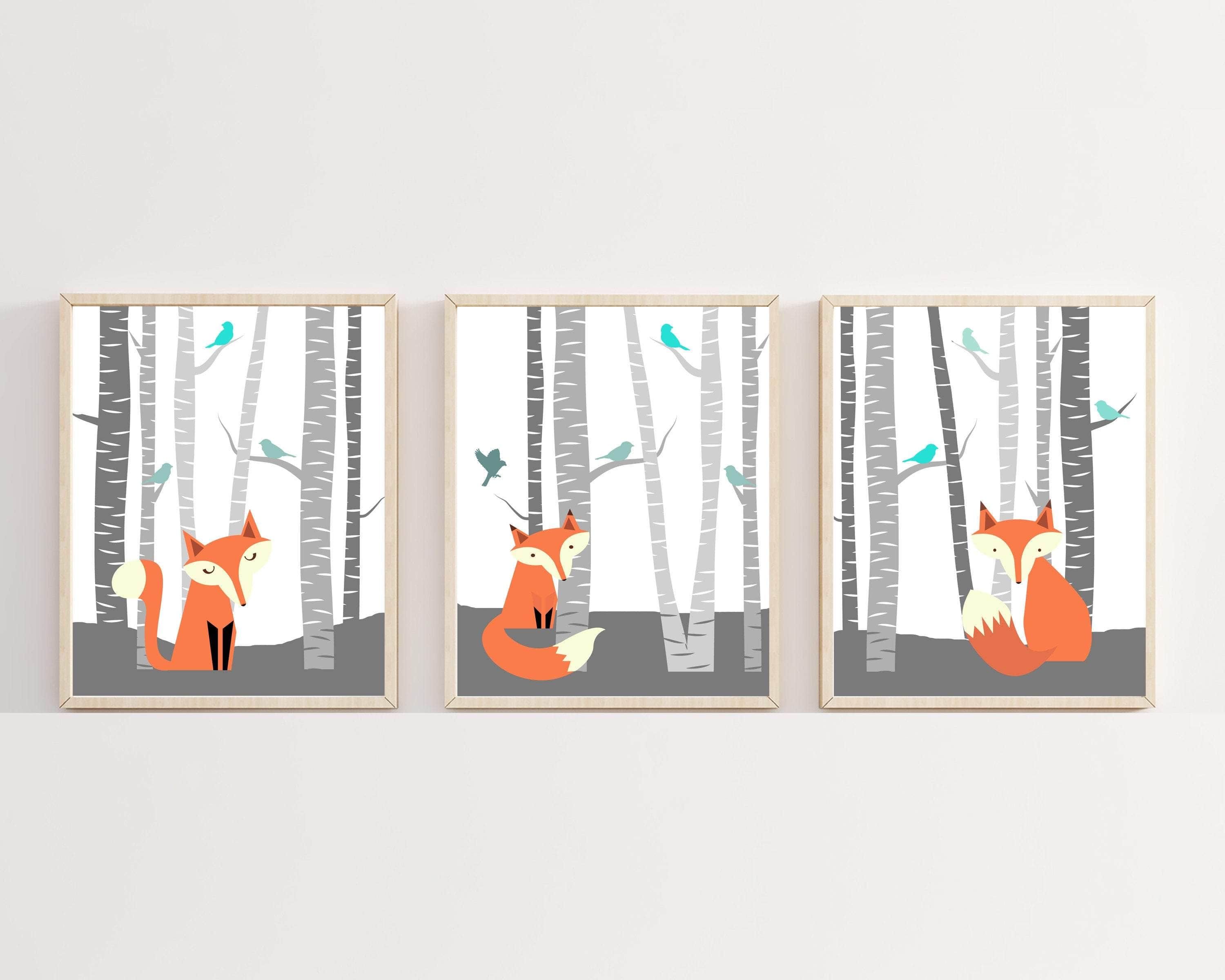 Fox in Forest Nursery Wall Art Print - Set of 3 nursery art print baby nursery bedroom decor