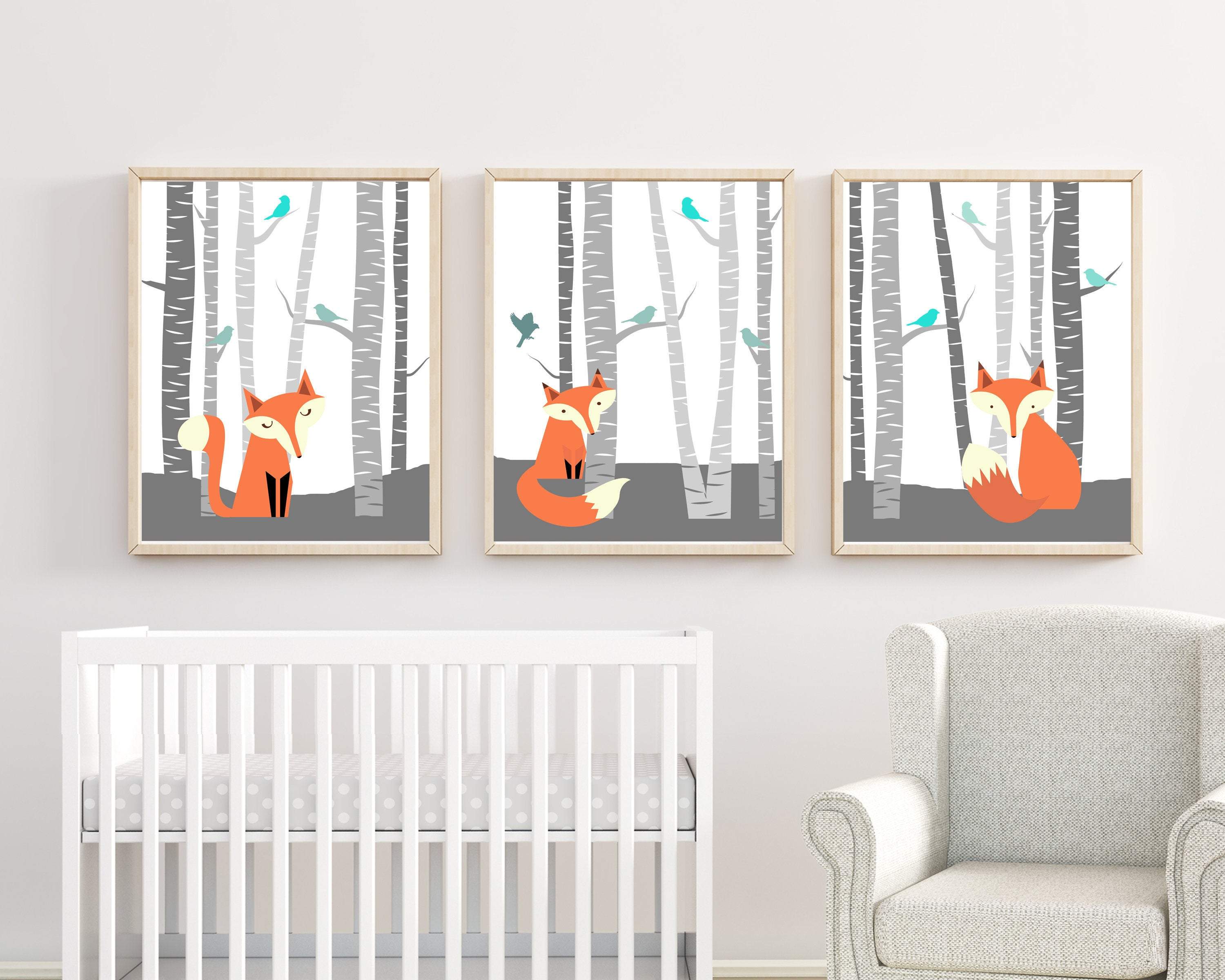 Fox in Forest Nursery Wall Art Print - Set of 3 nursery art print baby nursery bedroom decor