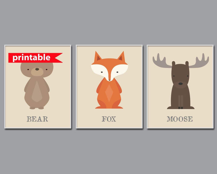 Fox, Moose and Bear Nursery Art, Baby Boy Woodland Art, Instant Download - Set of 3 -A3 size prints- H904 nursery art print baby nursery bedroom decor