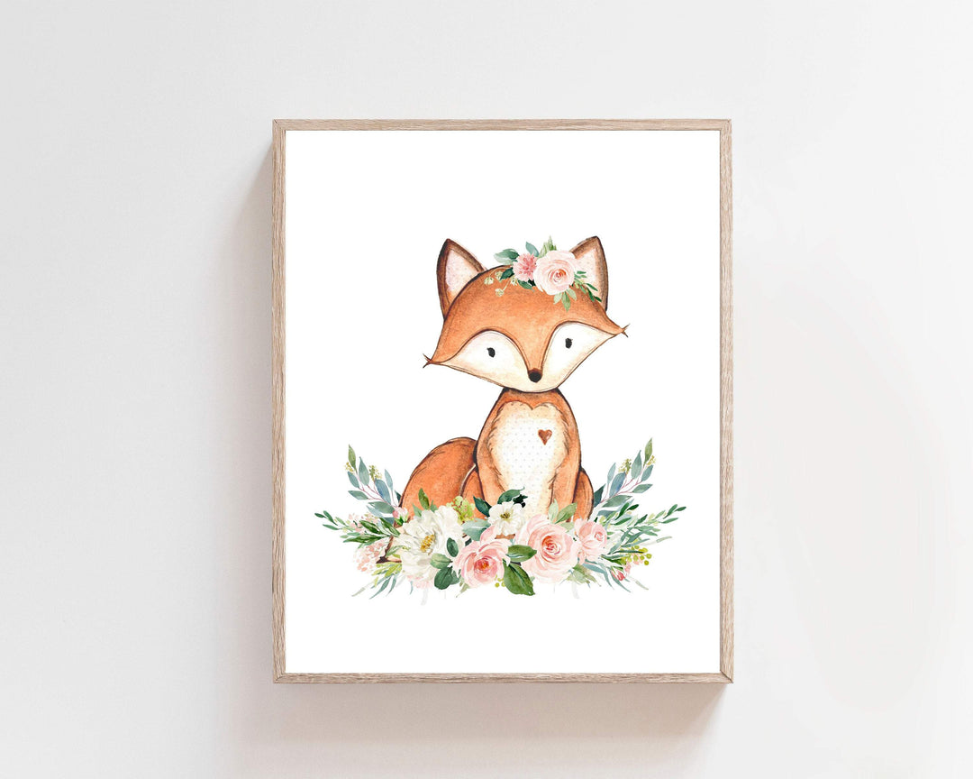 Fox wall art - Printable wall art - Nursery decor - Blush pink floral crown - woodland animal art - Baby girl art - Fox print - H1937 nursery art print baby nursery bedroom decor