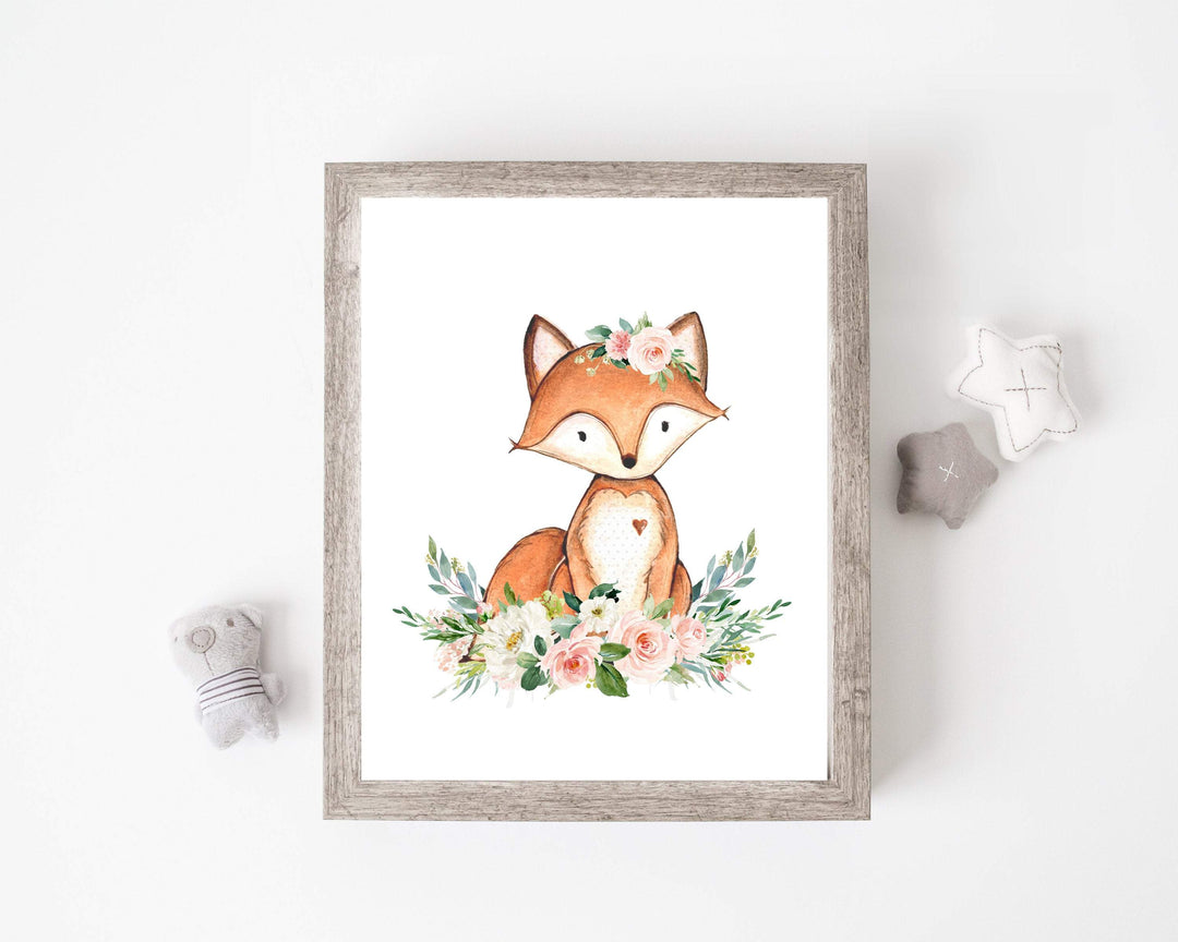 Fox wall art - Printable wall art - Nursery decor - Blush pink floral crown - woodland animal art - Baby girl art - Fox print - H1937 nursery art print baby nursery bedroom decor
