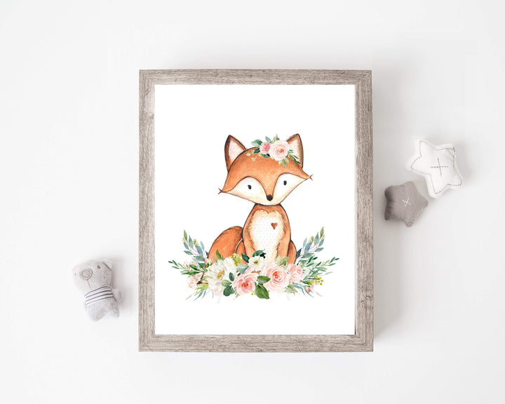 Fox wall art - Printable wall art - Nursery decor - Blush pink floral crown - woodland animal art - Baby girl art - Fox print - H1937 nursery art print baby nursery bedroom decor