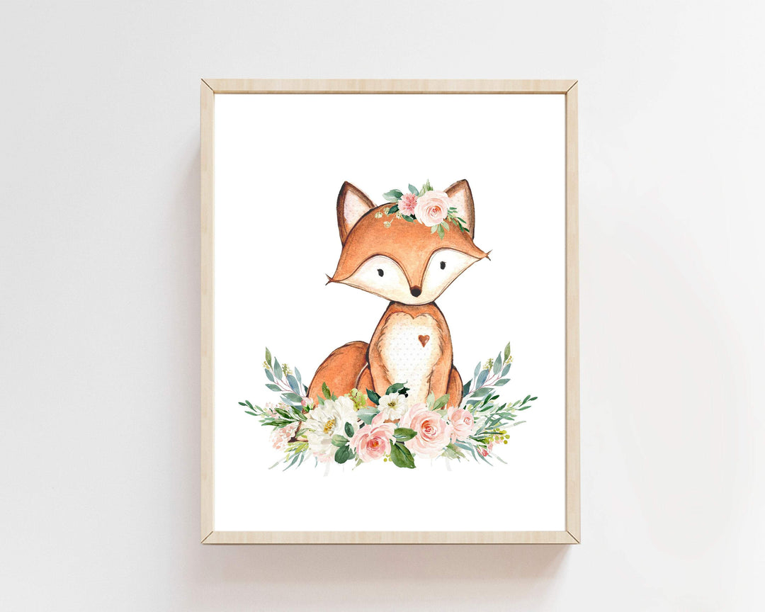 Fox wall art - Printable wall art - Nursery decor - Blush pink floral crown - woodland animal art - Baby girl art - Fox print - H1937 nursery art print baby nursery bedroom decor