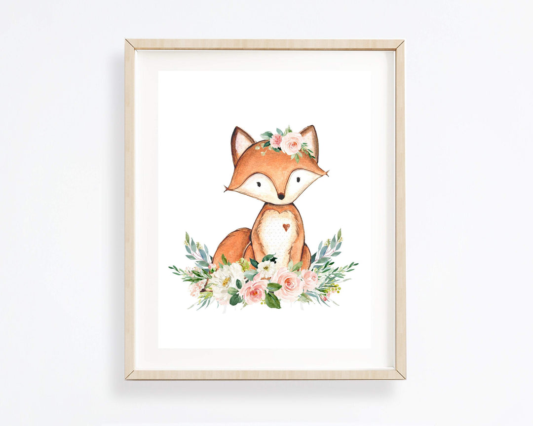 Fox wall art - Printable wall art - Nursery decor - Blush pink floral crown - woodland animal art - Baby girl art - Fox print - H1937 nursery art print baby nursery bedroom decor