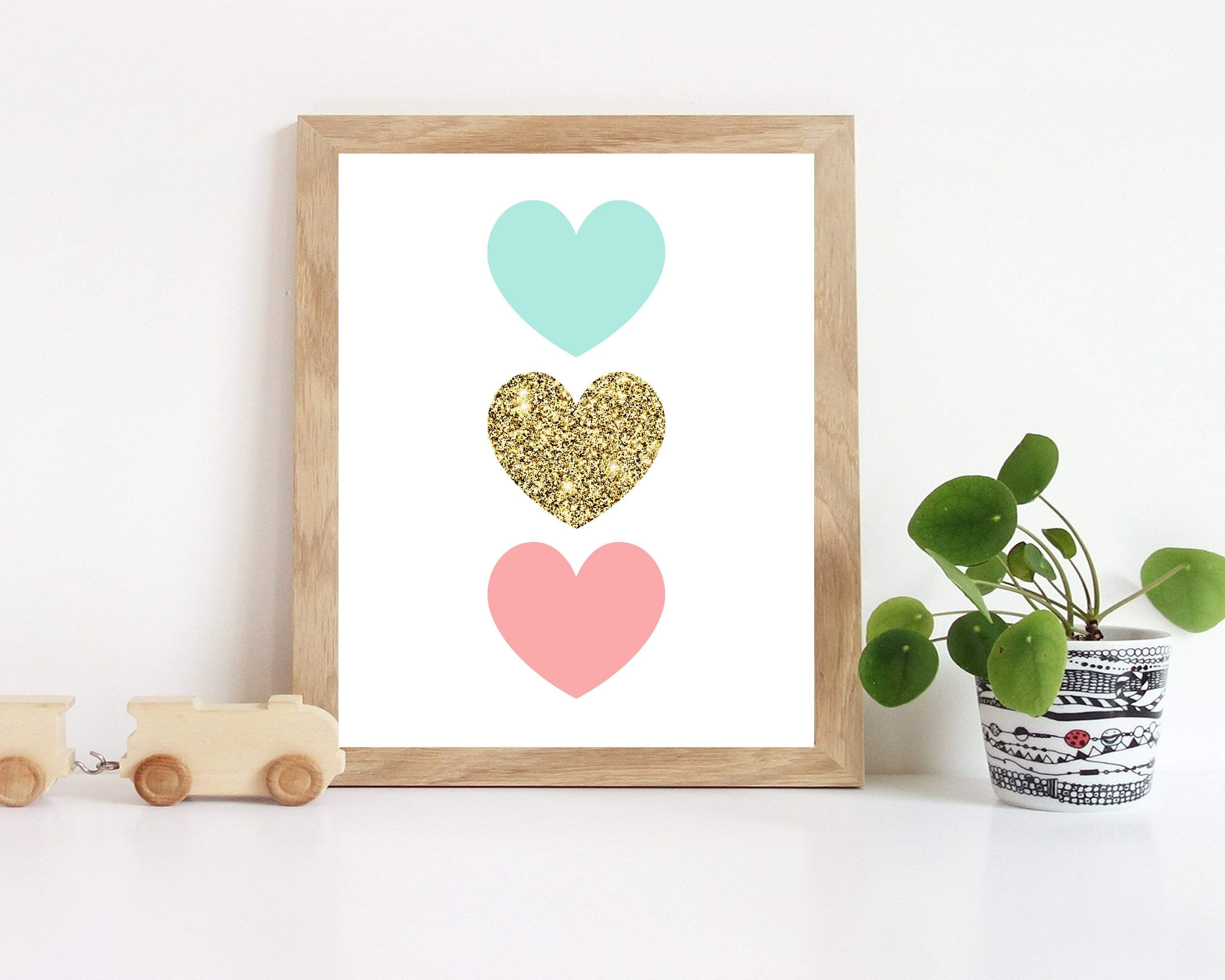 Girls Heart wall art print, Baby Girl printable wall art, Featured in Blue Gold and Pink, Heart printable art, instant download - H1384 nursery art print baby nursery bedroom decor