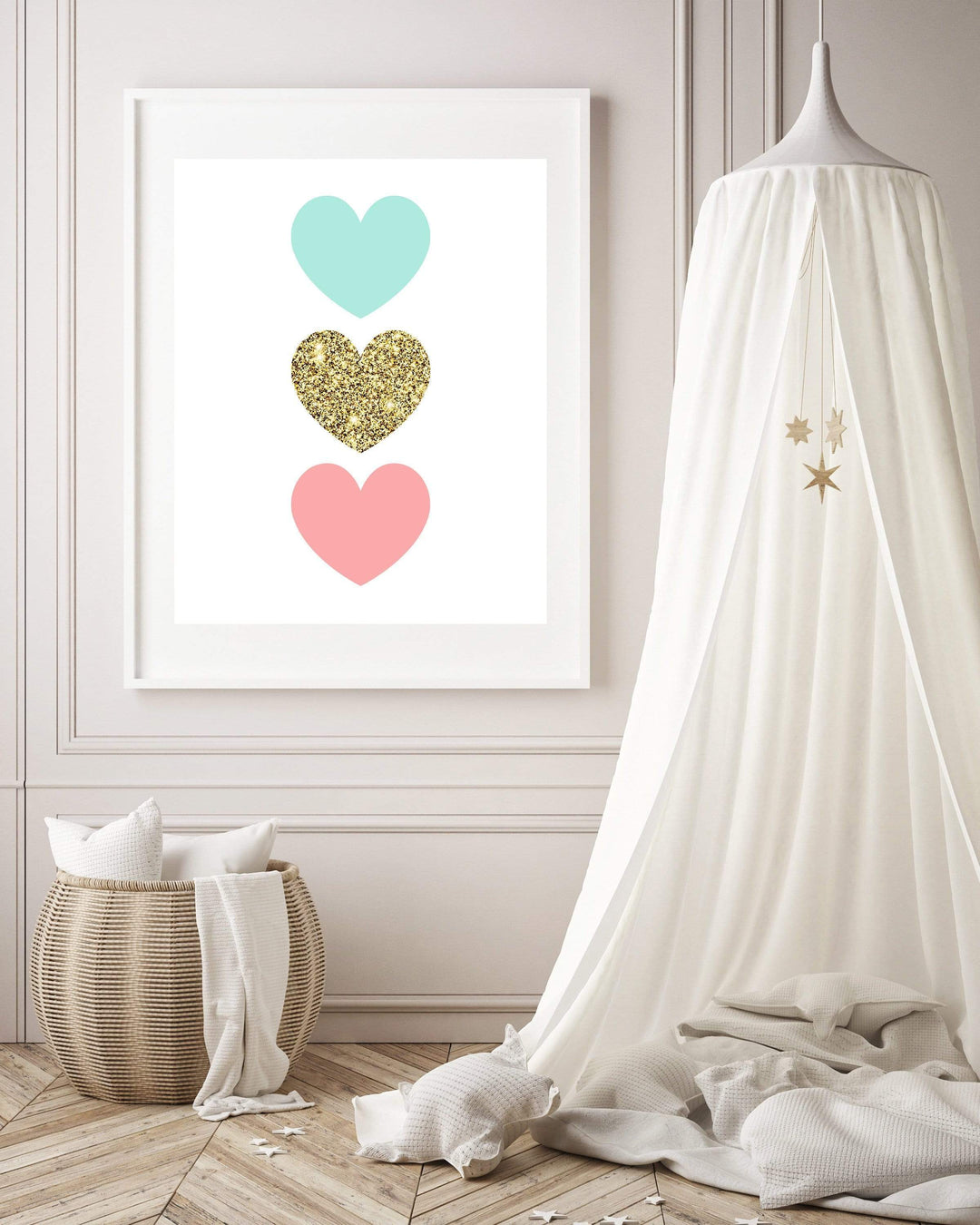 Girls Heart wall art print, Baby Girl printable wall art, Featured in Blue Gold and Pink, Heart printable art, instant download - H1384 nursery art print baby nursery bedroom decor