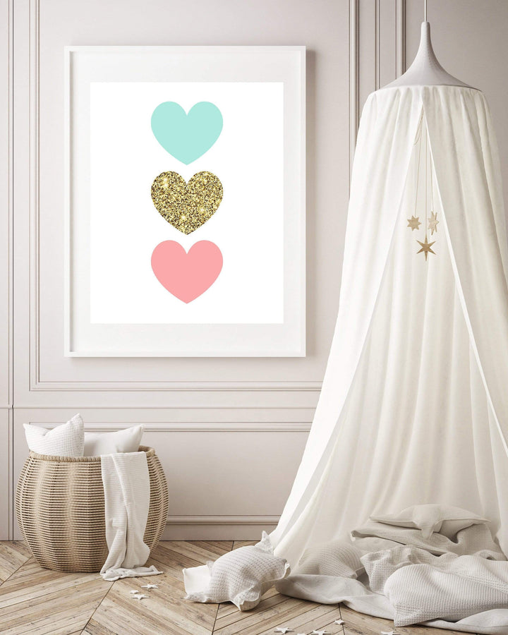 Girls Heart wall art print, Baby Girl printable wall art, Featured in Blue Gold and Pink, Heart printable art, instant download - H1384 nursery art print baby nursery bedroom decor