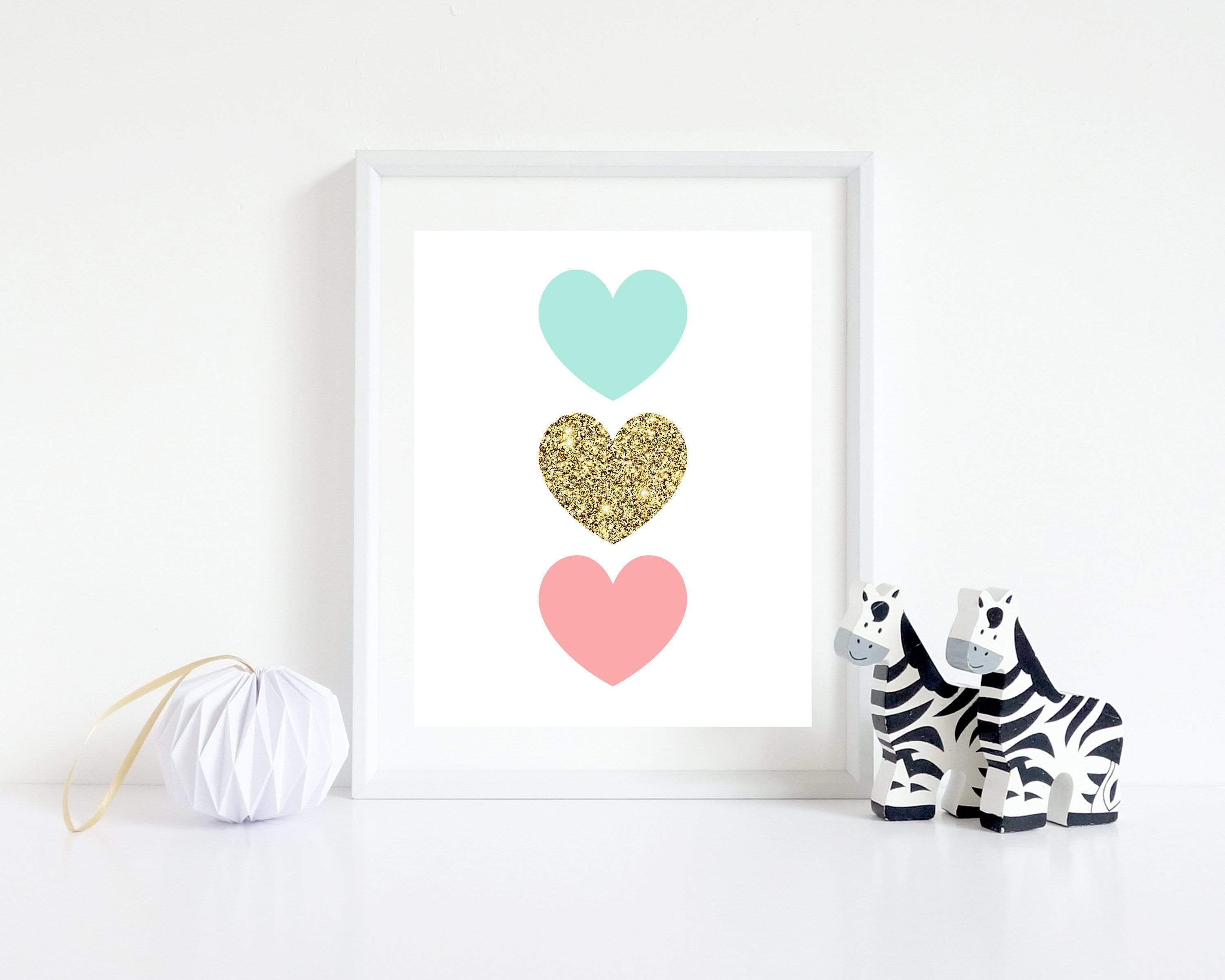 Girls Heart wall art print, Baby Girl printable wall art, Featured in Blue Gold and Pink, Heart printable art, instant download - H1384 nursery art print baby nursery bedroom decor