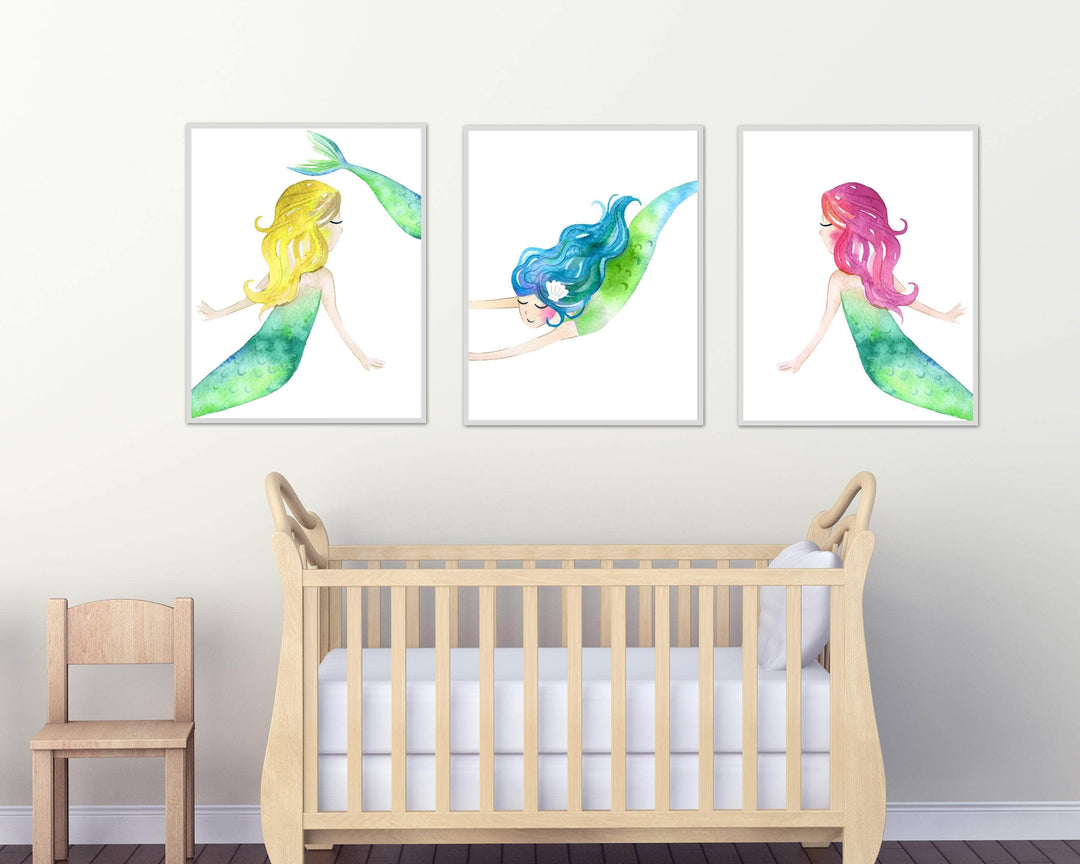 Girls mermaid art prints | girls bedroom decor, watercolor mermaid wall art prints, set of 3 prints, baby girls nursery art prints - H551 nursery art print baby nursery bedroom decor