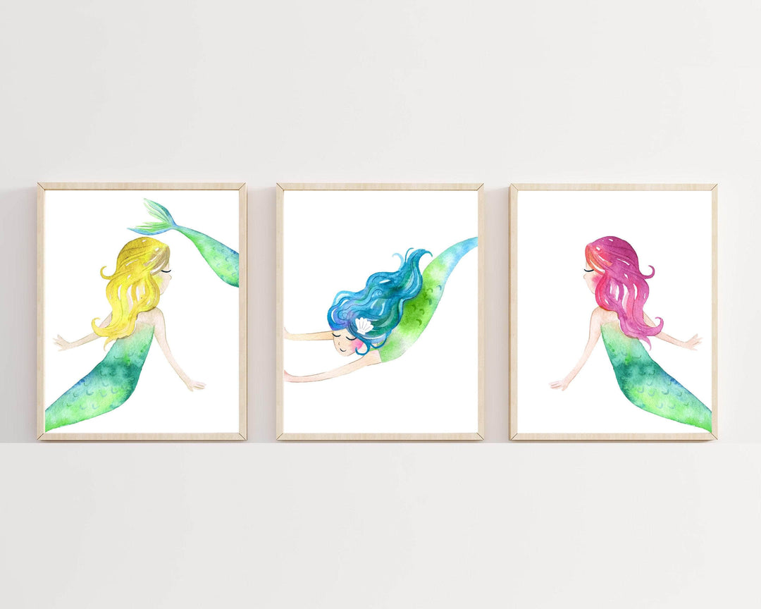 Girls mermaid art prints | girls bedroom decor, watercolor mermaid wall art prints, set of 3 prints, baby girls nursery art prints - H551 nursery art print baby nursery bedroom decor