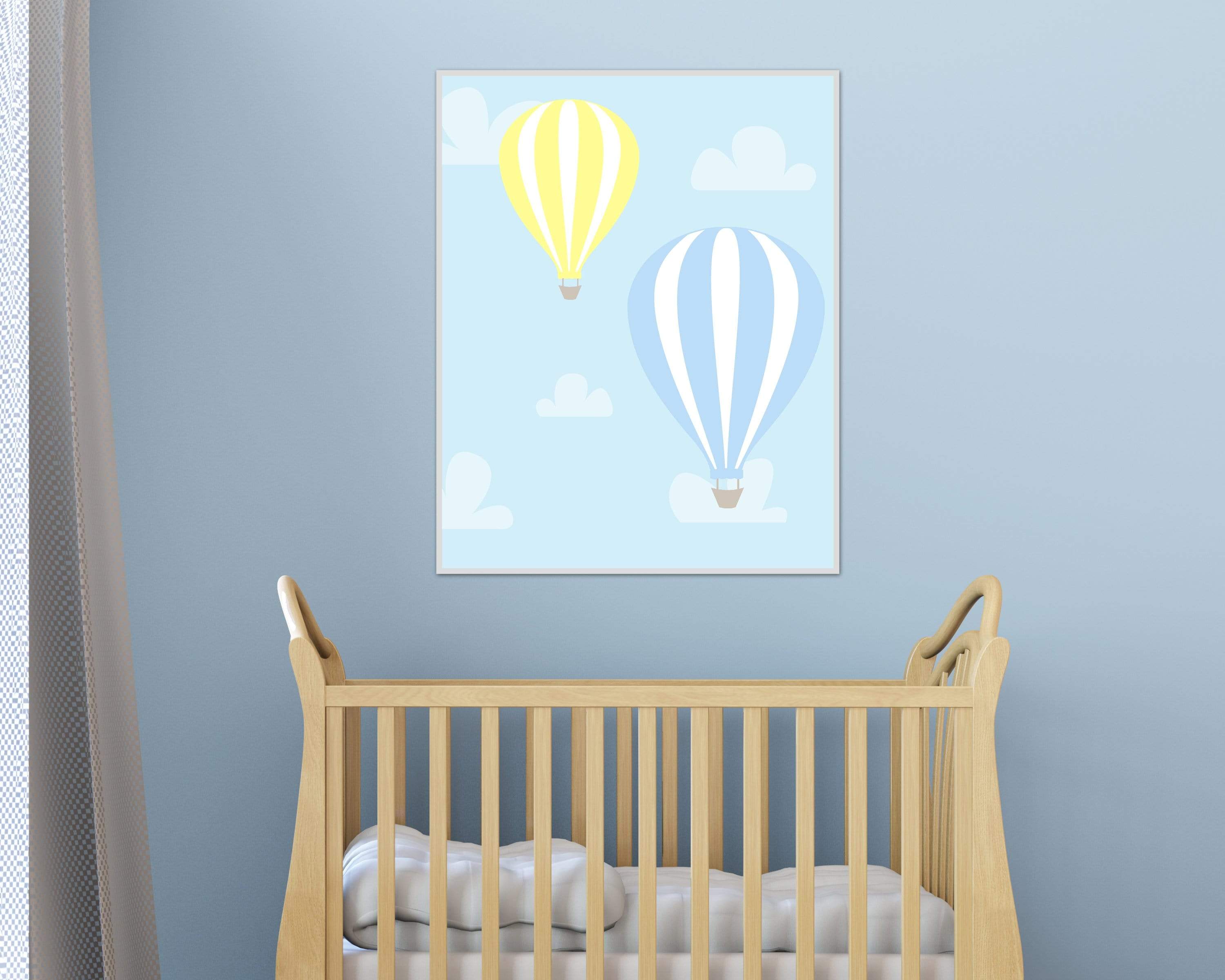 Hot Air Balloon Nursery Art Print, Yellow and Blue Floating Hot Air Balloons, Suits Baby Boys Nursery Decor - Custom Color - H786- Unframed nursery art print baby nursery bedroom decor