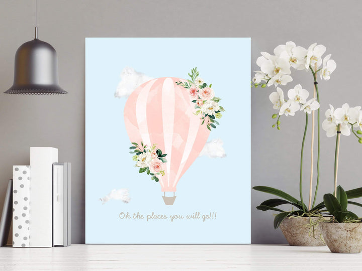 Hot air balloon nursery print - Pink hot air balloon - Floral hot air balloon - Blush pink wall art - Girl nursery wall art - Air balloon nursery art print baby nursery bedroom decor