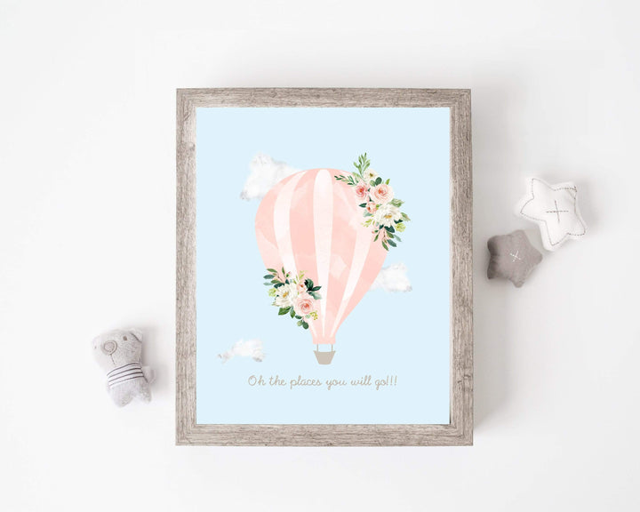 Hot air balloon nursery print - Pink hot air balloon - Floral hot air balloon - Blush pink wall art - Girl nursery wall art - Air balloon nursery art print baby nursery bedroom decor