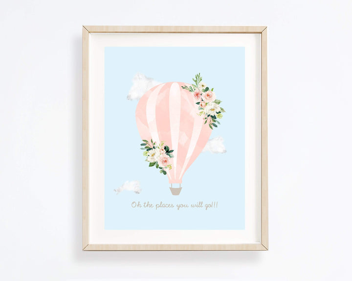 Hot air balloon nursery print - Pink hot air balloon - Floral hot air balloon - Blush pink wall art - Girl nursery wall art - Air balloon nursery art print baby nursery bedroom decor