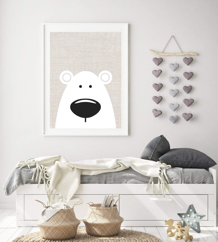 Kids Polar Bear Wall Art | White polar bears face nursery art print baby nursery bedroom decor