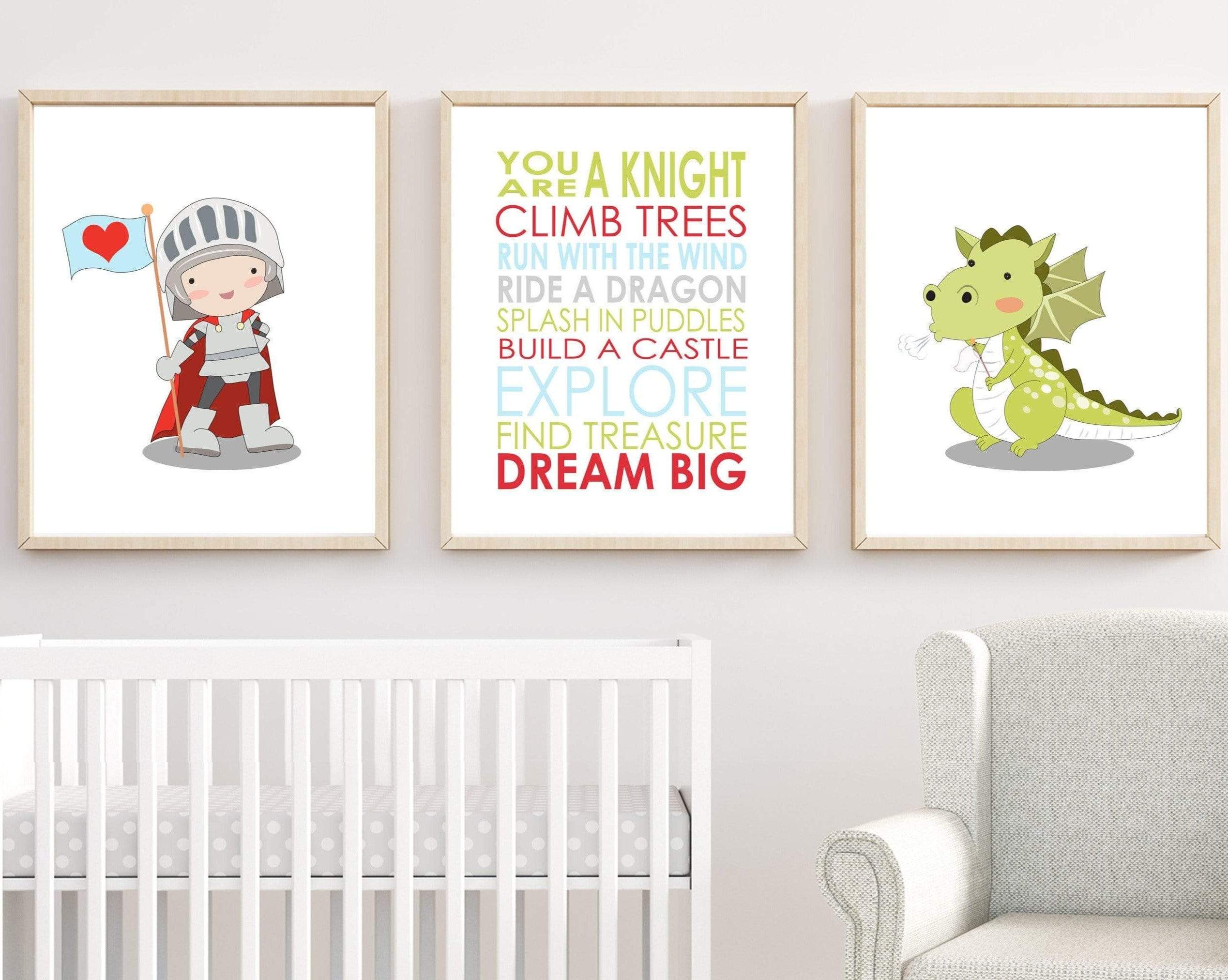 Kids room Knight and Dragon with inspirational quote art nursery art print baby nursery bedroom decor