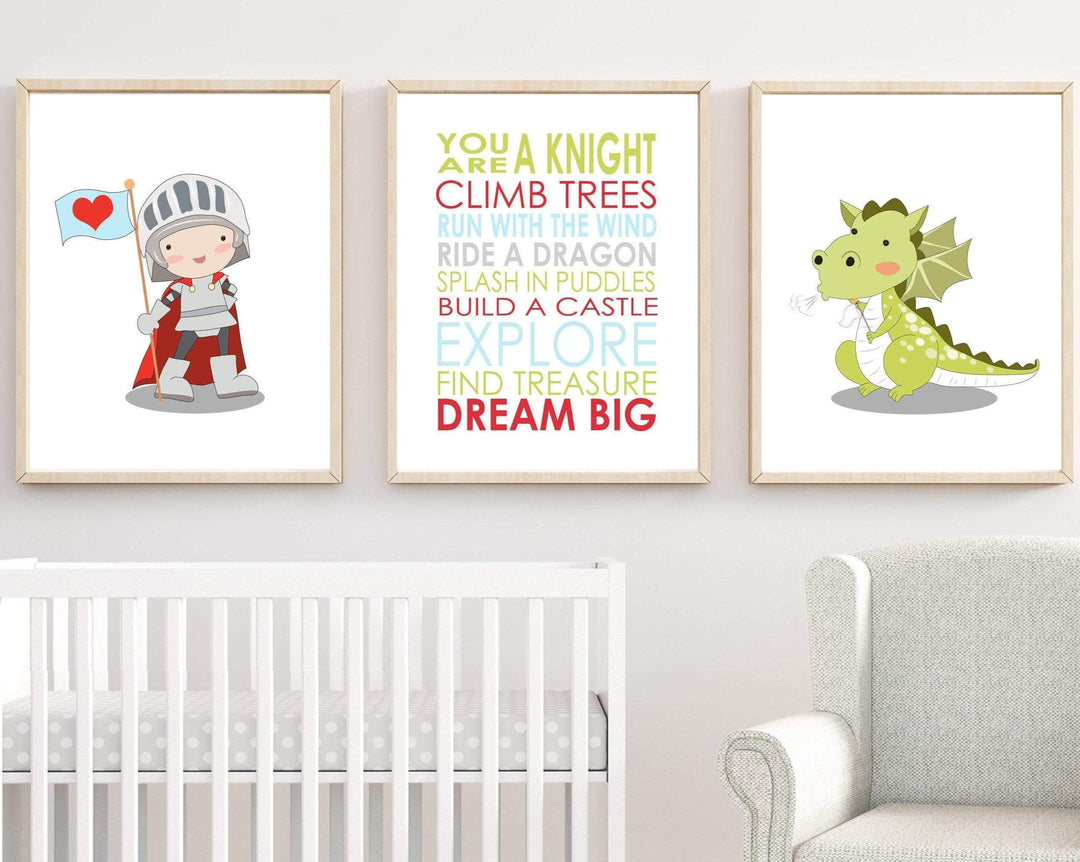 Kids room Knight and Dragon with inspirational quote art nursery art print baby nursery bedroom decor