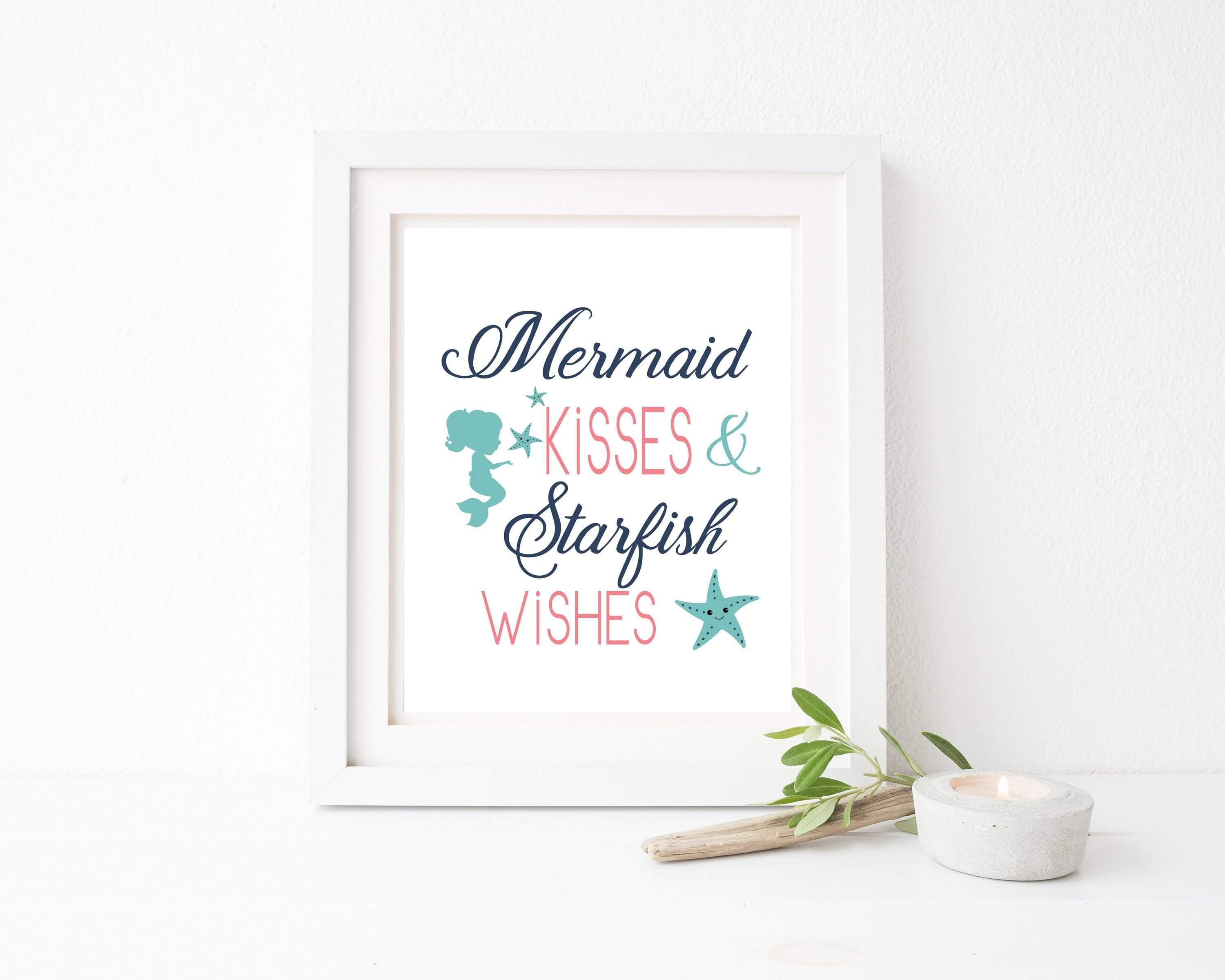 Kisses And Wishes | Mermaid and Starfish nursery art print baby nursery bedroom decor