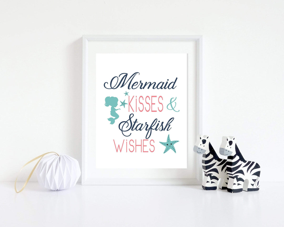 Kisses And Wishes | Mermaid and Starfish nursery art print baby nursery bedroom decor
