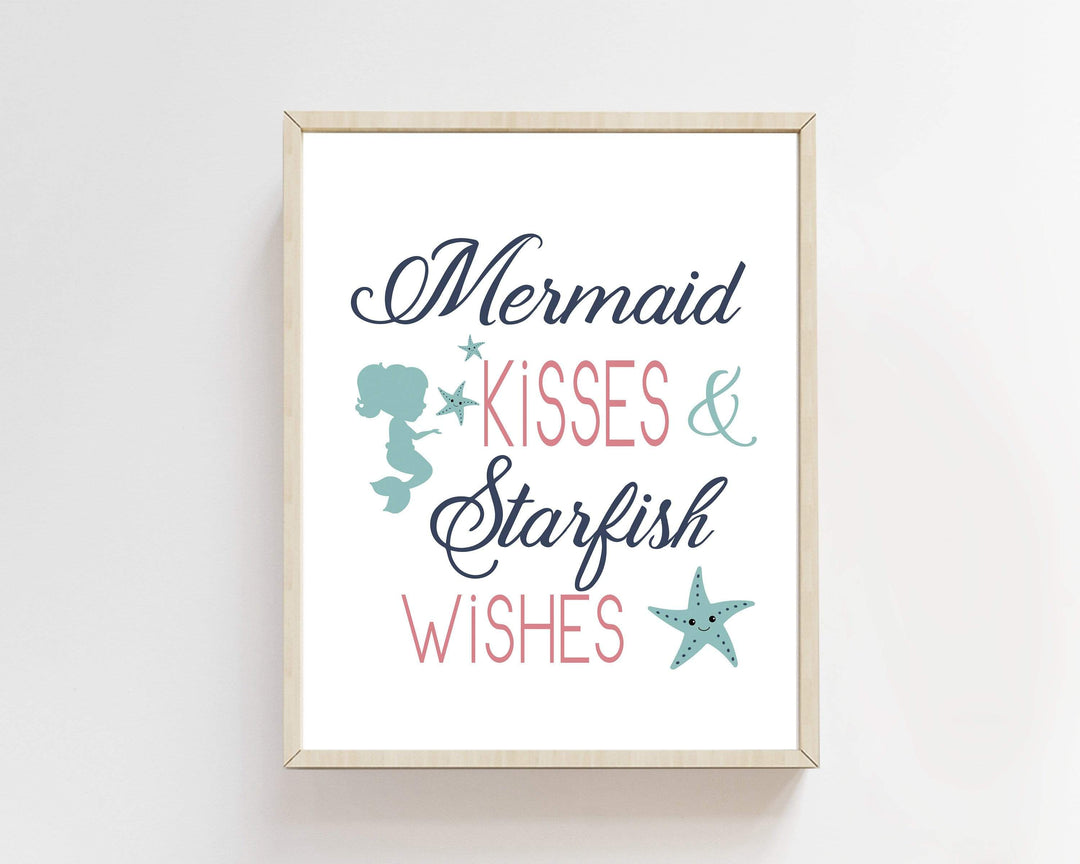 Kisses And Wishes | Mermaid and Starfish nursery art print baby nursery bedroom decor