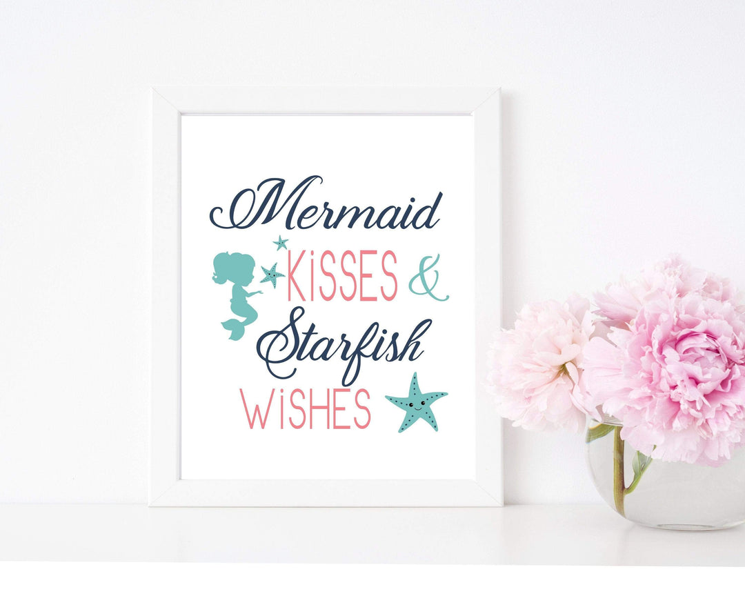 Kisses And Wishes | Mermaid and Starfish nursery art print baby nursery bedroom decor